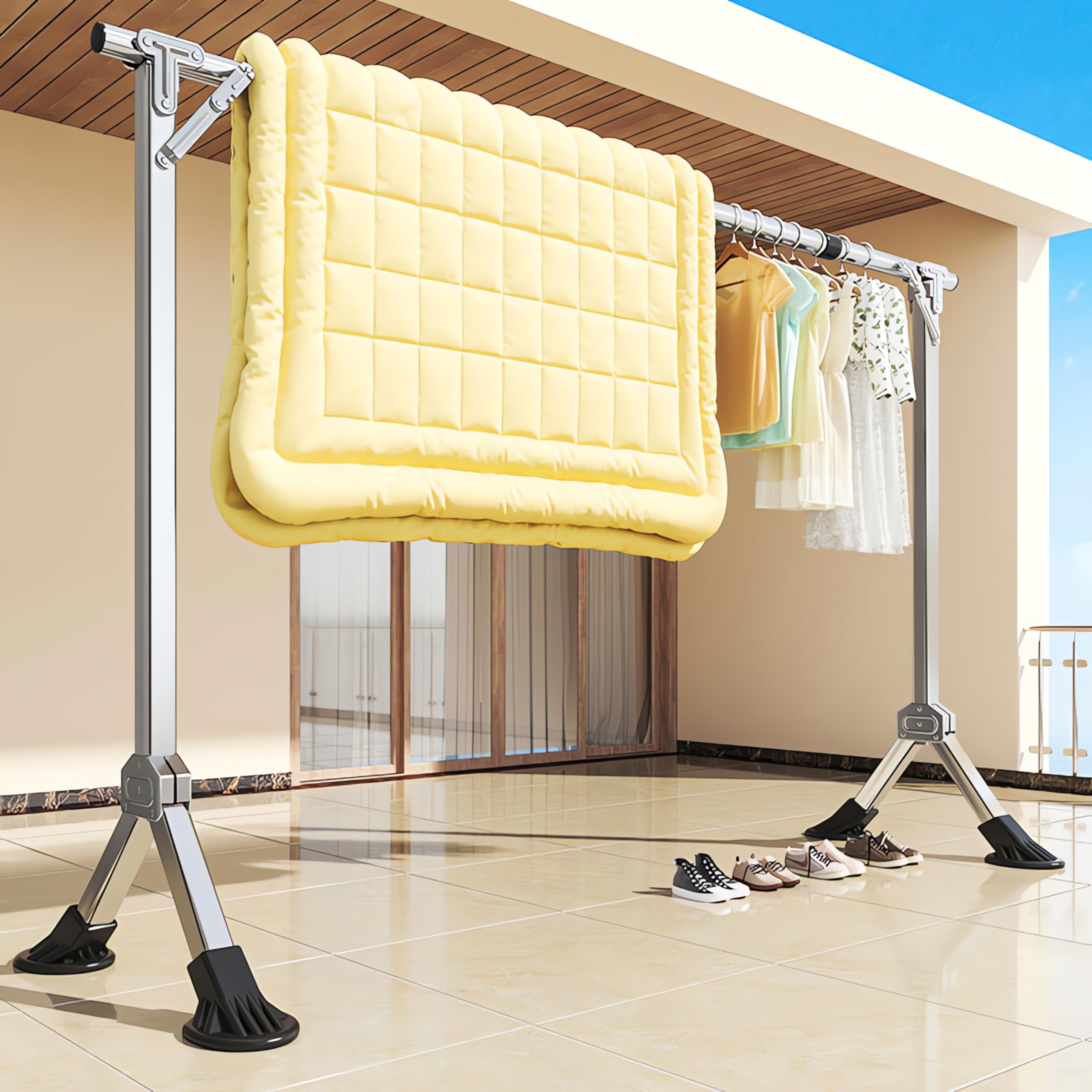 Etendoir Linge de Balcon Extensible, Support à Linge Pliable en Acier Inoxydable, Étendoir à Vêtements Réglable avec 20 Crochets Antivents - pour Séchage Intérieur/Extérieur (H 152cm L 240cm)