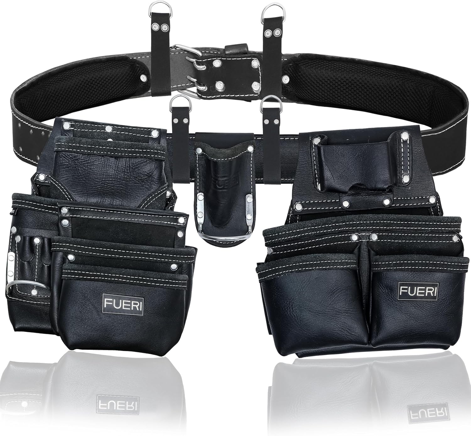FUERI Leather Tool Belt Heavy Duty Bags Pouches for Men Construction Carpenter Electrician Framer Work - Black