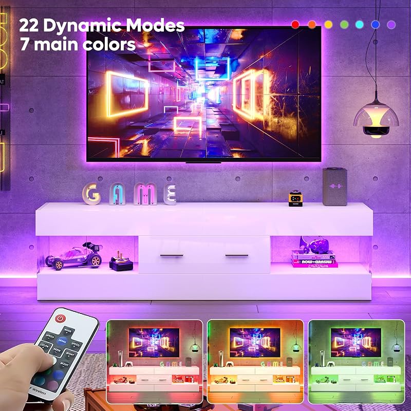 Bestier 60 Inch White Modern TV Stand, LED Entertainment Center Console image 4