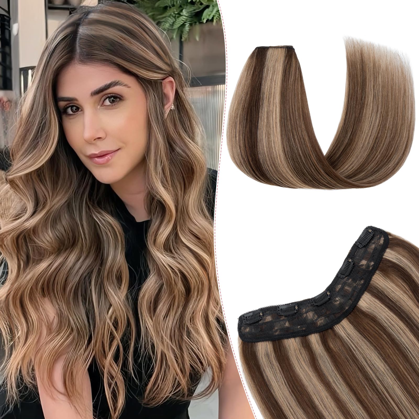 SEGO Pro One Pieces Clip in Hair Extensions Human Hair Upgraded V-Shaped 5 Clips Long Hairpiece For Women,4P27 Medium Brown mixed Dark Blonde 20 Inch,