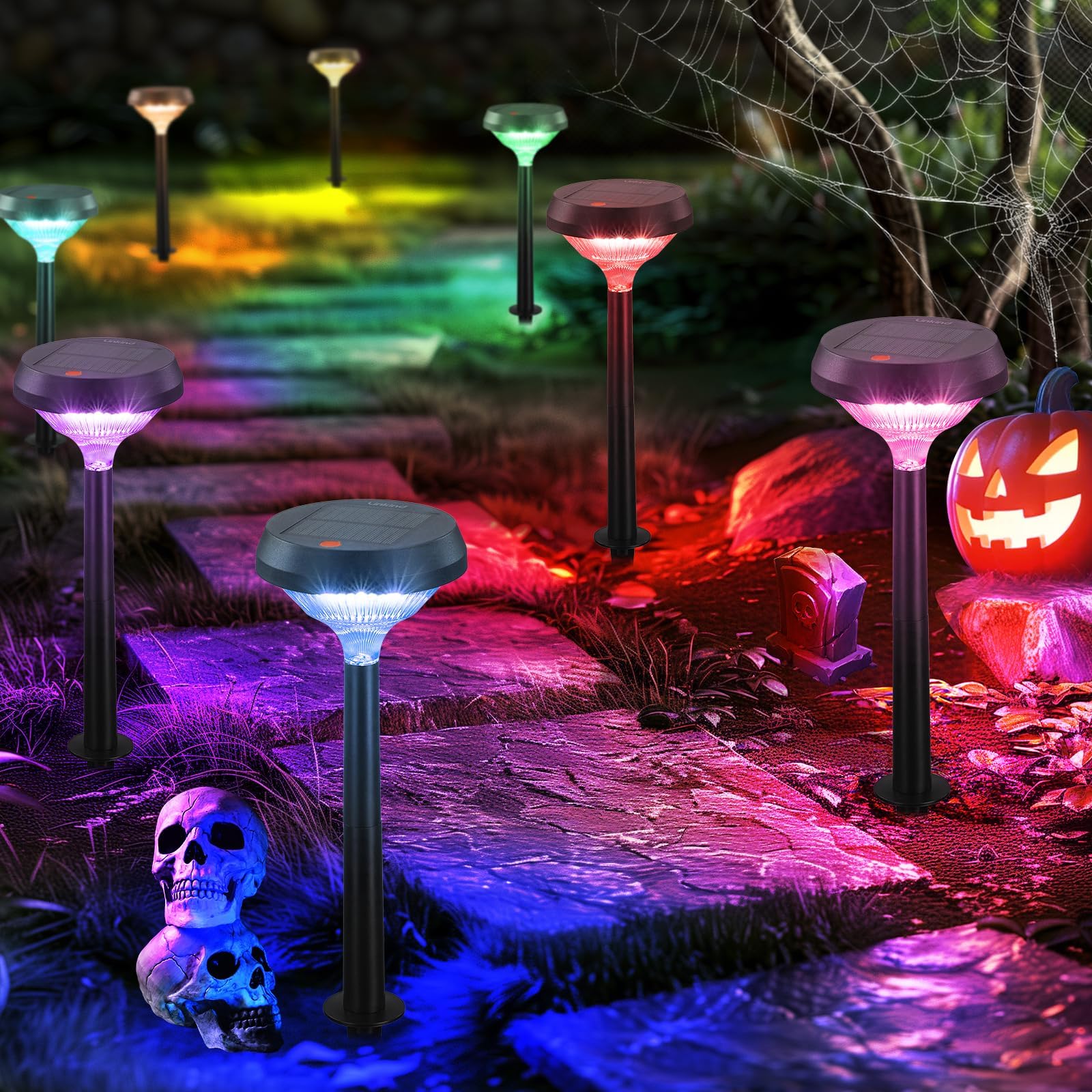 Linkind Solar Lights Outdoor 8 Pack, Color Changing Solar Pathway Lights | Halloween Lights, Multicolor/Warm White/Cool White Solar Lights Outdoor Waterproof for Walkway Yard Garden Landscape Driveway