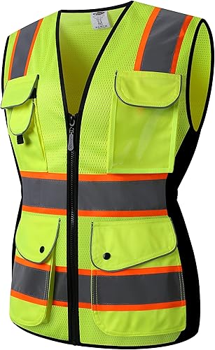 JKSafety - Chaleco de seguridad reflectante de alta visibilidad con 9 bolsillos para mujer, malla amarillo neón, tiras reflectantes con bordes