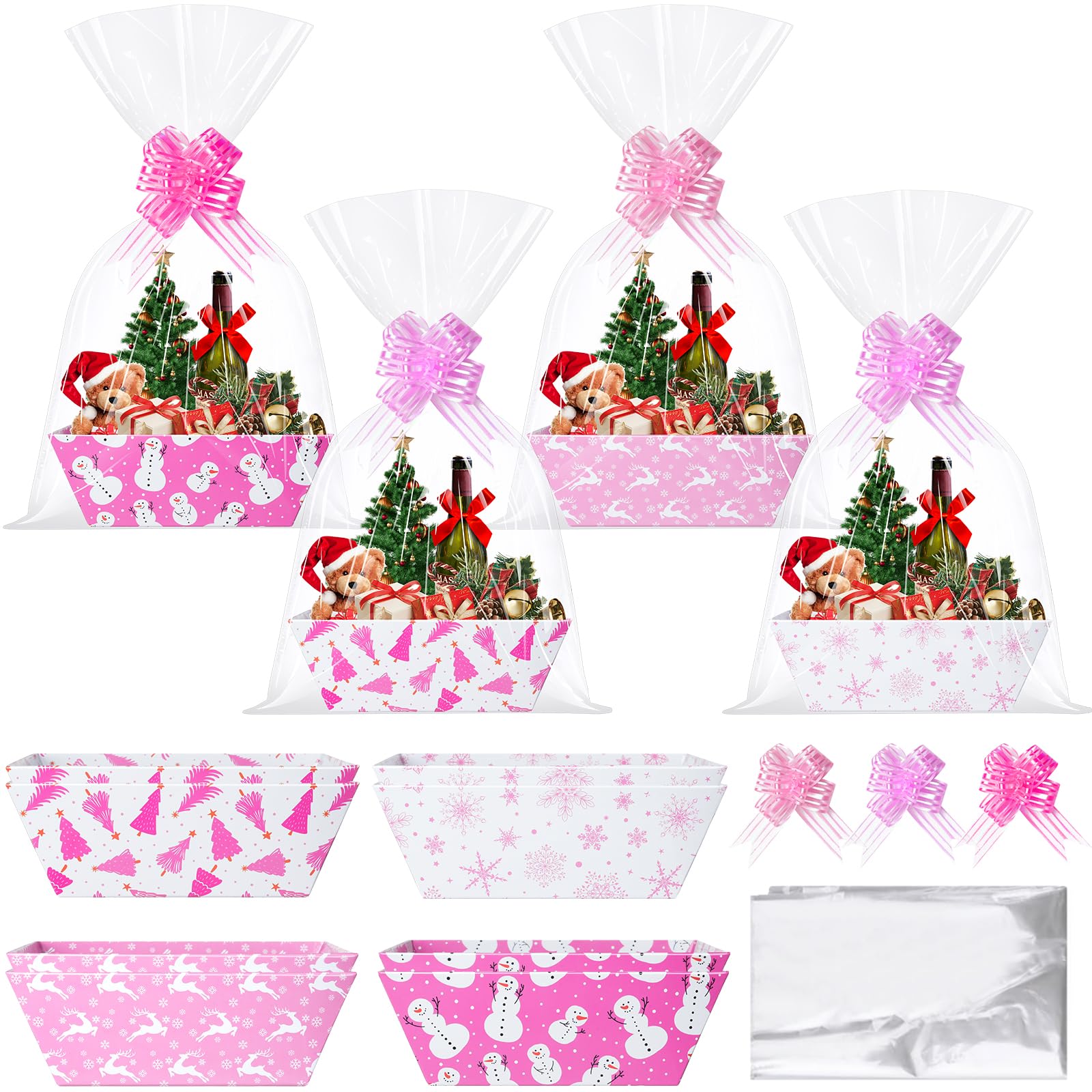 Hauwellter 12 Sets Pink Valentine’s Day Gift Basket Empty with Cellophane Bags — Pink Winter Snowflake Valentines Day Basket to Fill with Bows Ribbons for Christmas Valentines Birthday Party Supplies