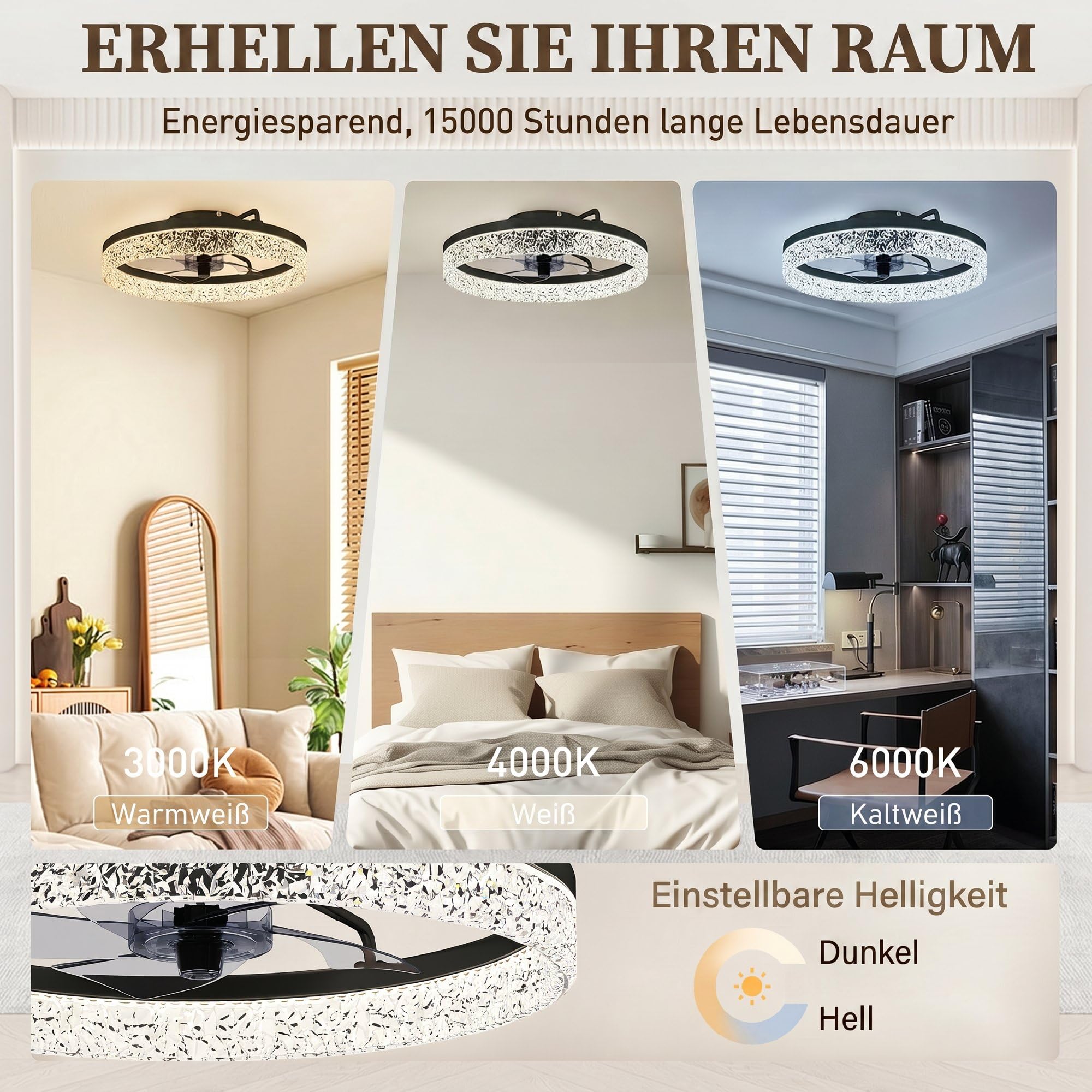 HOMCOM Deckenventilator mit Beleuchtung und Fernbedienung, Ø50 cm, 40 W Dimmbare Leise LED Deckenleuchte mit Ventilator, 6 Geschwindigkeiten, umkehrbar DC Motor, Timer, Schwarz
