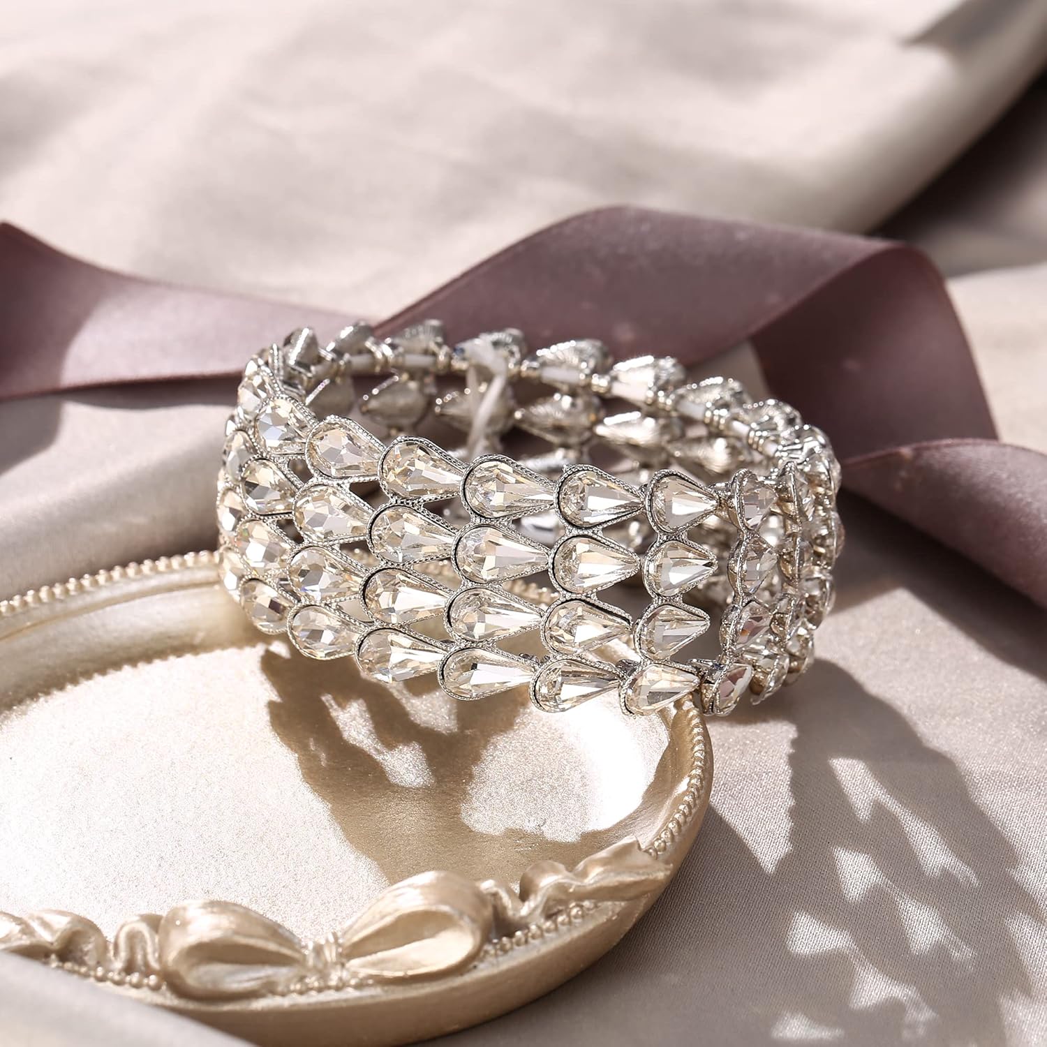 EVER FAITH Bridal Rhinestone Crystal Elastic Stretch Bangle Bracelet for Wedding, Art Deco Waterdrop Four Row Vintage Wrist Jewelry for Woman - Image 3