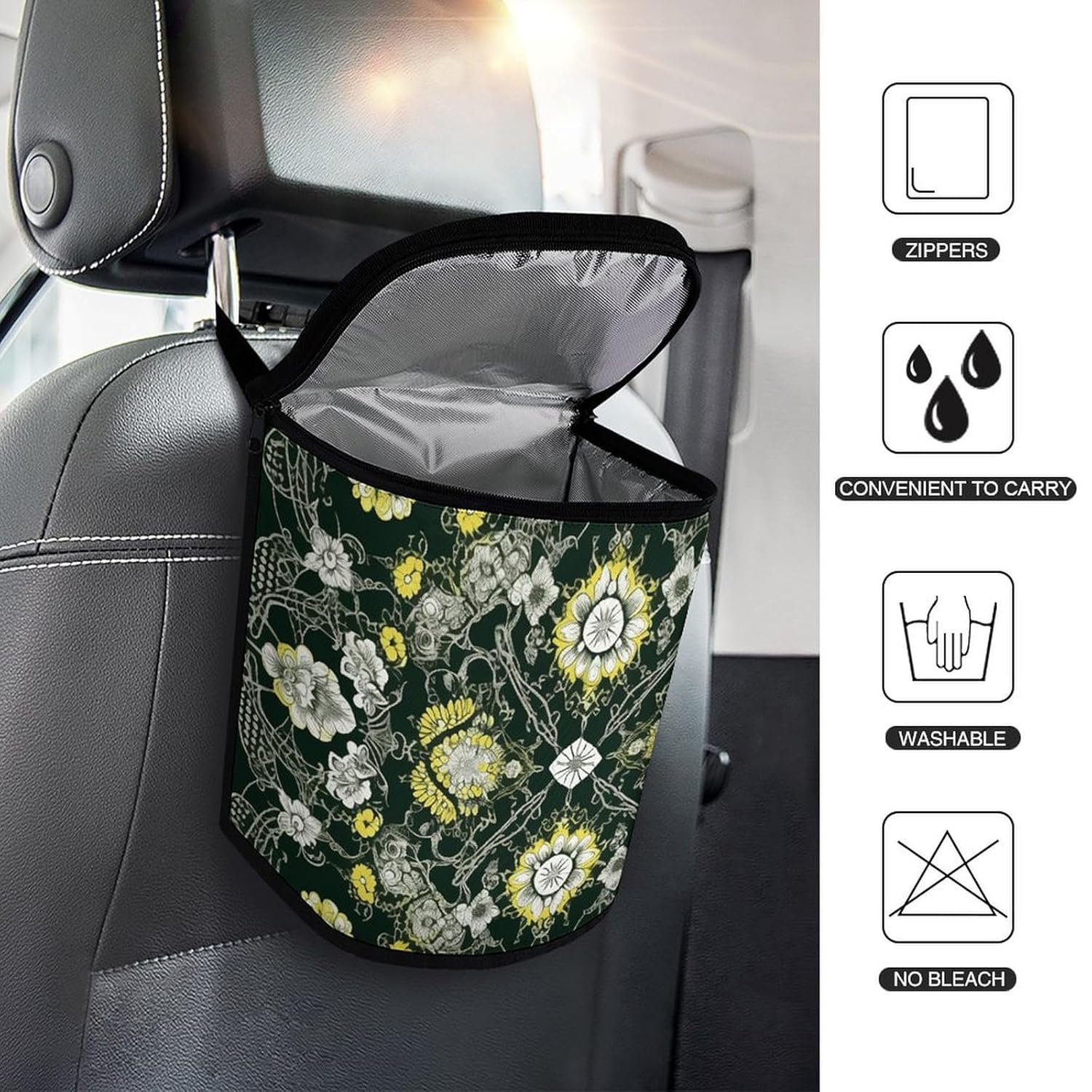 Car Trash Can Simple Flower Grid Printed Car Organizer Car Accessory Interior Car Garbage Can with Lid
