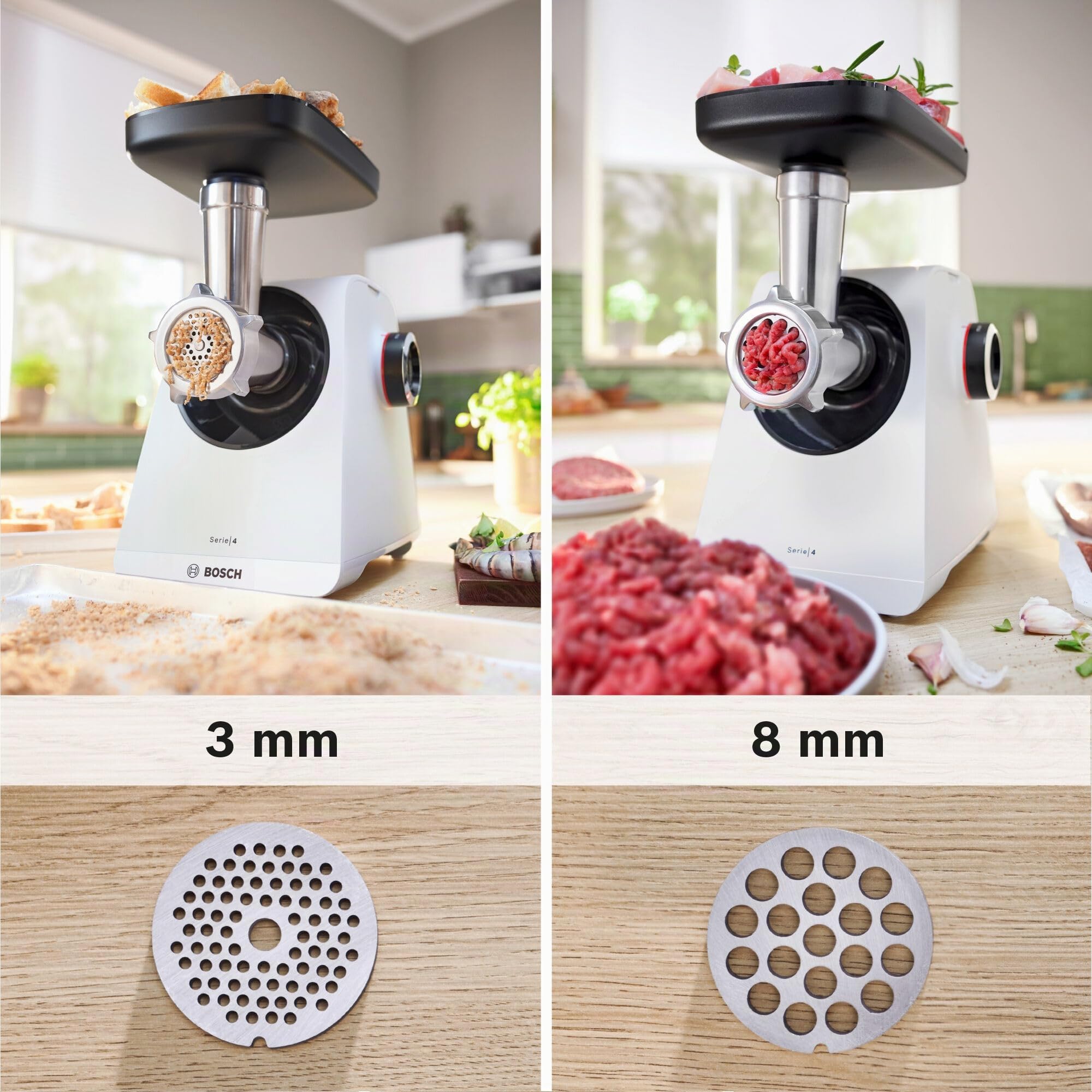 Bosch, MultiPower Serie 4, tritacarne, potente motore da 1900 watt, tritacarne, salsicce, bianco, MFWS420W