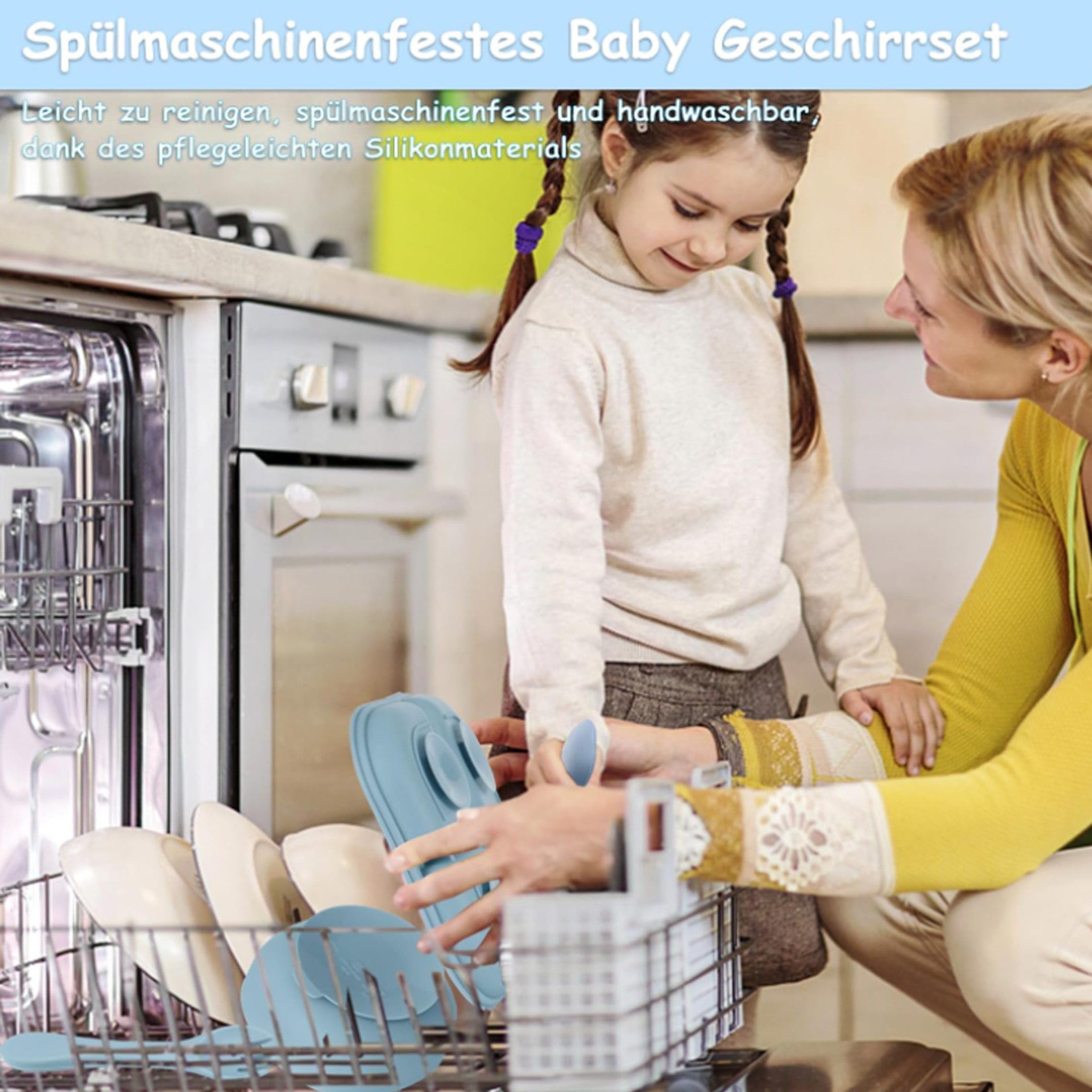 Eliano Set di 6 stoviglie in silicone per bambini – senza BPA – piatto e ciotola antiscivolo, bavaglino, tazza per imparare a bere con cannuccia e posate – set per lo svezzamento guidato dal bambino