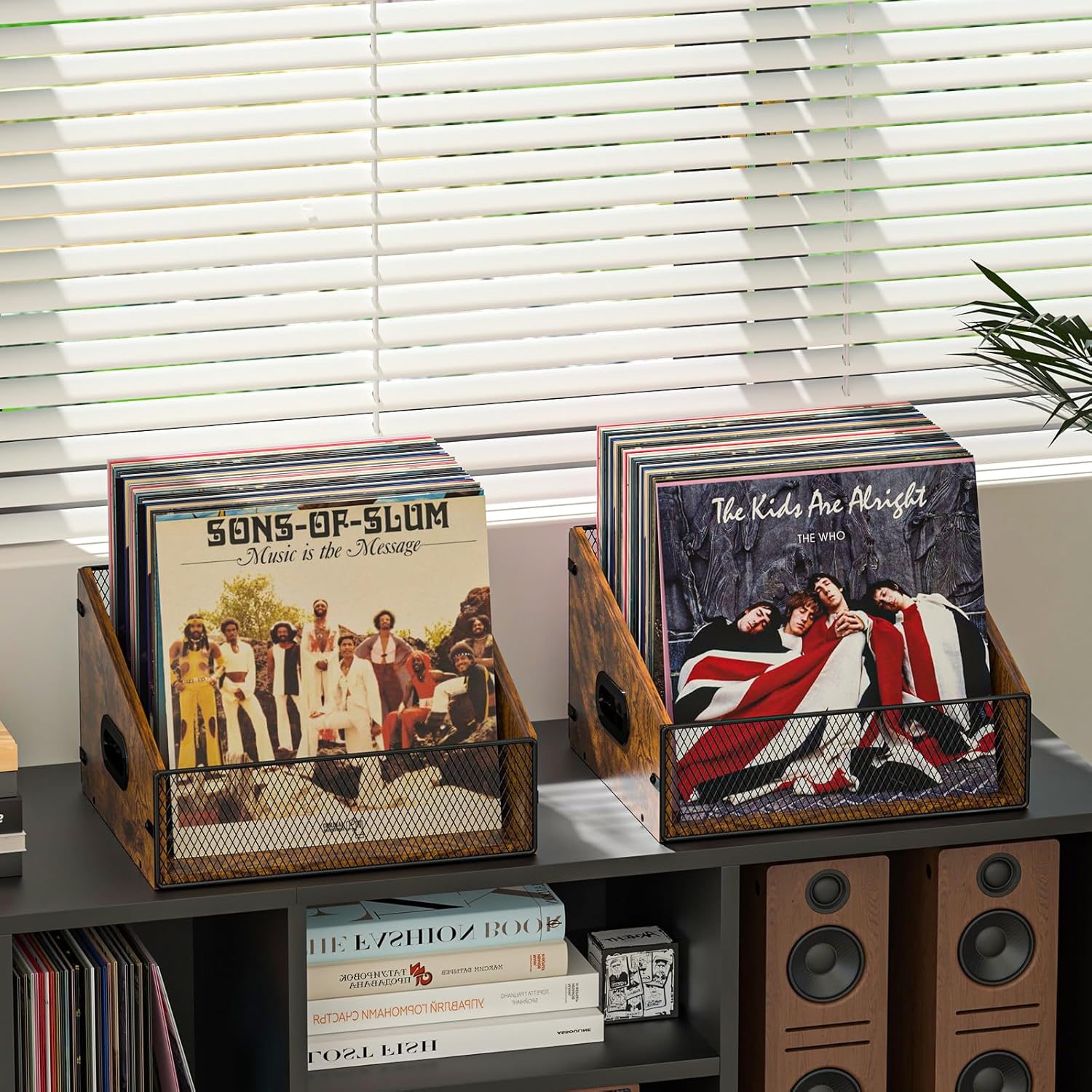 Yuzehuaza 2-Pack Vinyl Record Storage, Record Box Case Crate with Handle, Vinyl Record Holder, Desktop Metal & Wooden LP Record Crate, Easy to Assemble