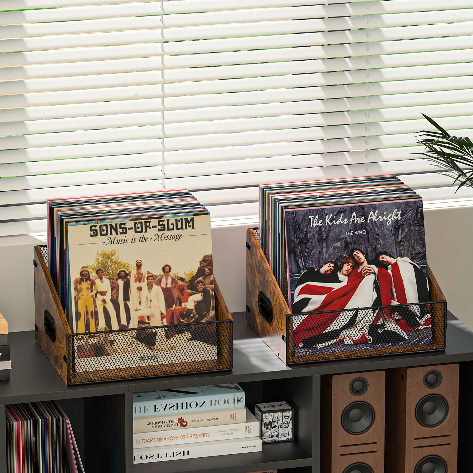Vinile Record Storage Holder Trapezoidale LP Record Crate Album Mensola Desktop Organizer Porta Dischi Box per Libri File Foto, Rustico Marrone