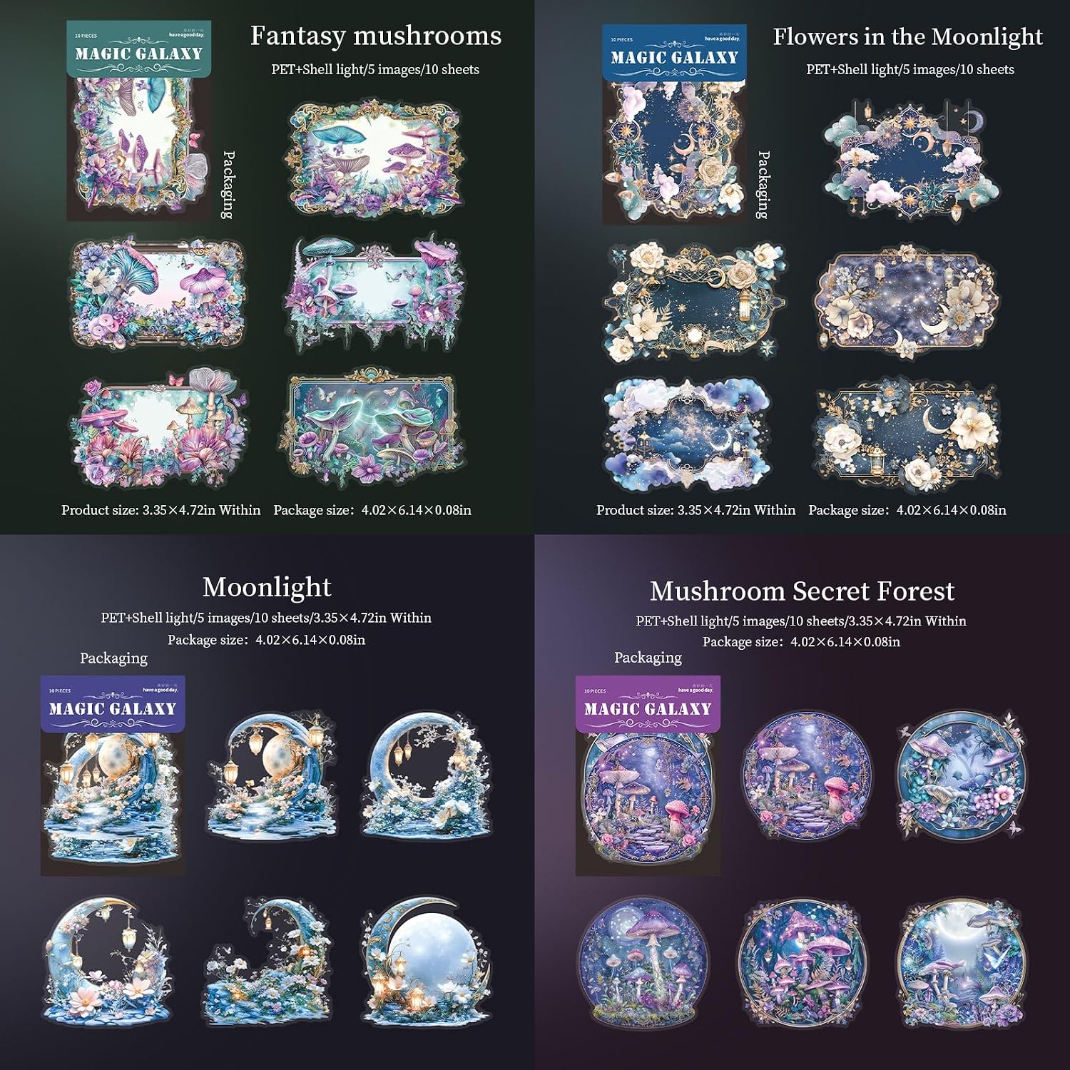 60 PCS Exquisite Magic Milky Way Glitter Shiny PET Sticker Set, Decorative Large Size Shell Shine Stickers for Scrapbooking, Journaling, Waterproof DIY Crafts and Junk Journal Supplies