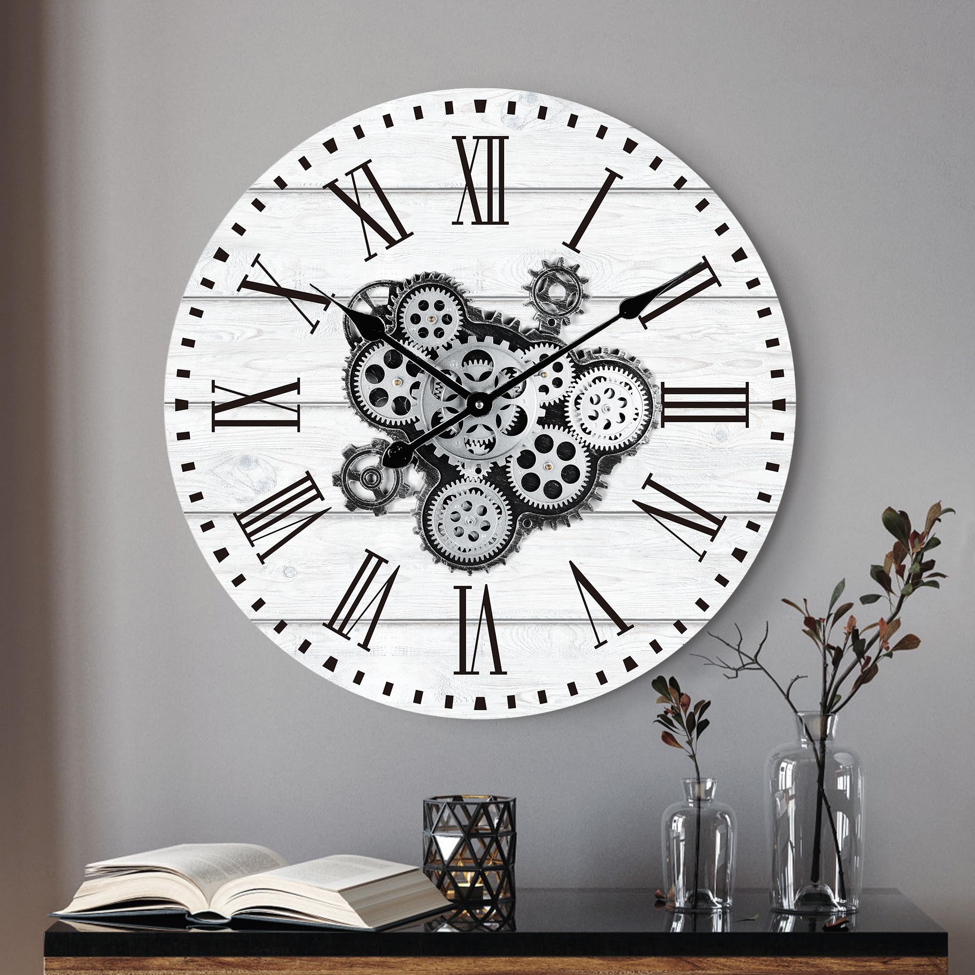 Lafocuse 23 Inch Large Wall Clock with Moving Gears for Living Room, Wooden White Steampunk Gear Clocks with Roman Numerals, Home Decor