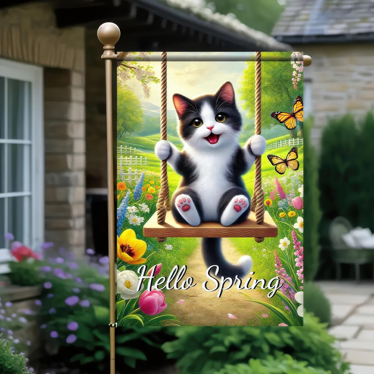 Hello Spring Garden Flag Cute Cat Yard Flag Seasonal Welcome Spring Outdoor Flag Farmhouse Yard Decoration 12 x 18 Inch Double Sided Spring Farmhouse Holiday Small Flag - Image 2
