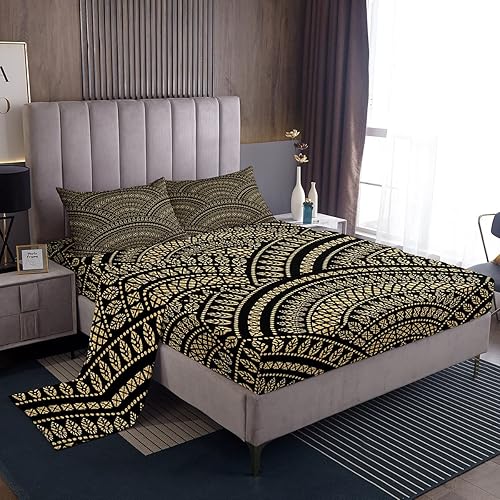 Erosebridal Juego de sábanas geométricas onduladas tamaño Queen, juego de sábanas étnicas doradas y negras en forma de abanico con plumas