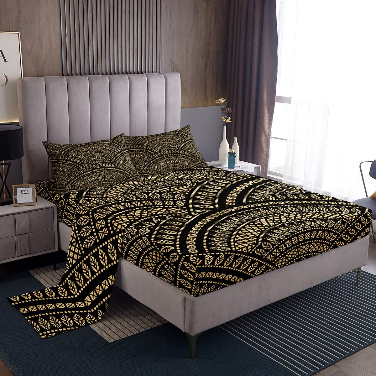 Erosebridal Geometrical Wavy Bed Sheets Set Queen Ethnic Sheet Set Golden and Black Fan Shaped Ornate Feathers Banners Sheets Fish Scale Bedroom Decor Abstract Top Sheet