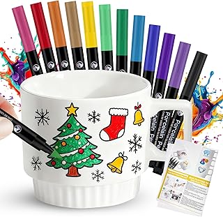 JAOJAO Mug Painting Kit, Halloween Ceramics to Paint Your Own Mug Kit for Craft Art Activity Includes Plain Blank White Coffee Mugs, 12Pcs Marker Pens for Hallowen, Christmas Party Favors