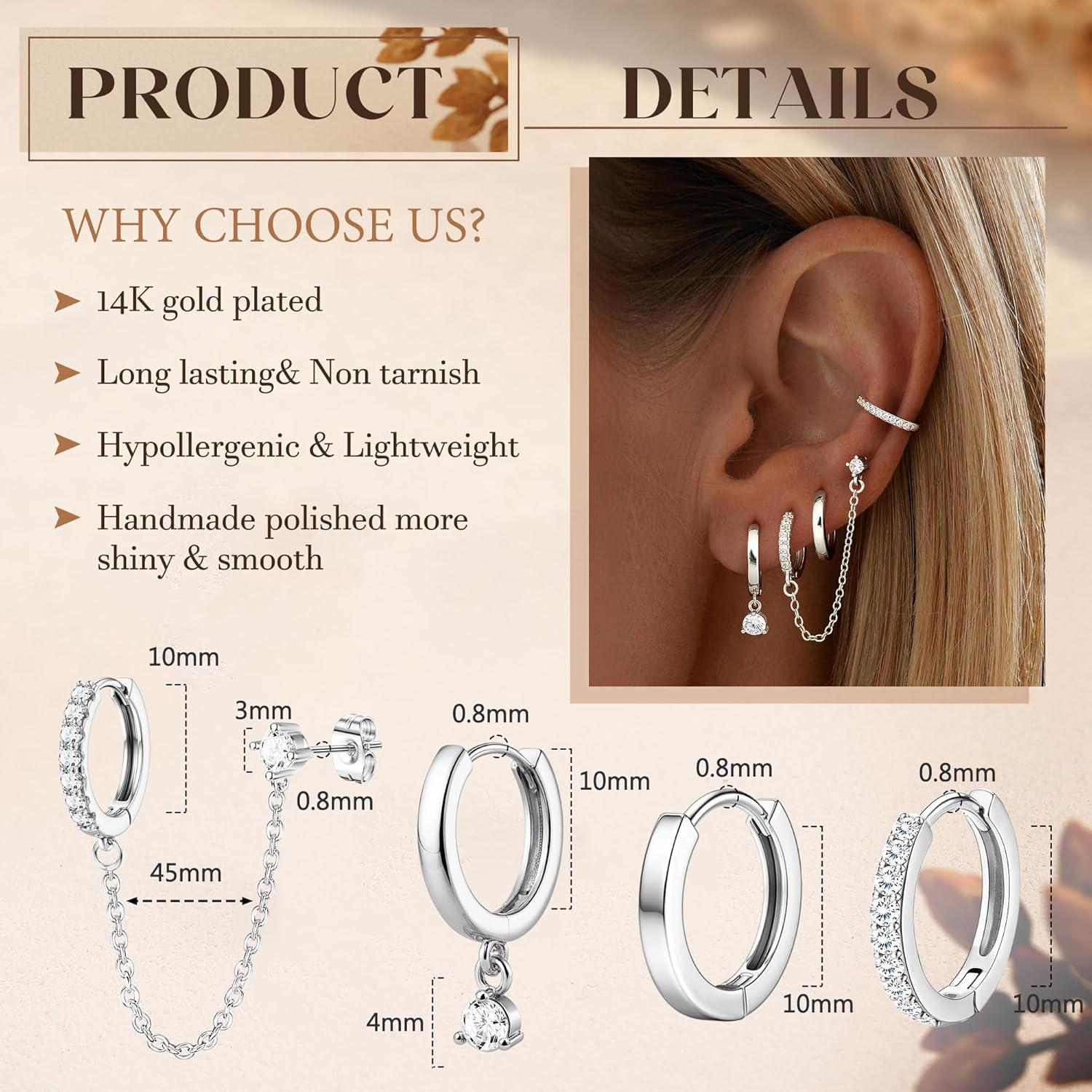 Florideco 4 Pairs Small Hoop Earrings for Women Trendy 14K Gold Plated Chain Drop Earrings Set Hypoallergenic CZ Huggie Hoops Lightweight Cartilage Earring Stacks Women's Jewelry Gifts - Image 2