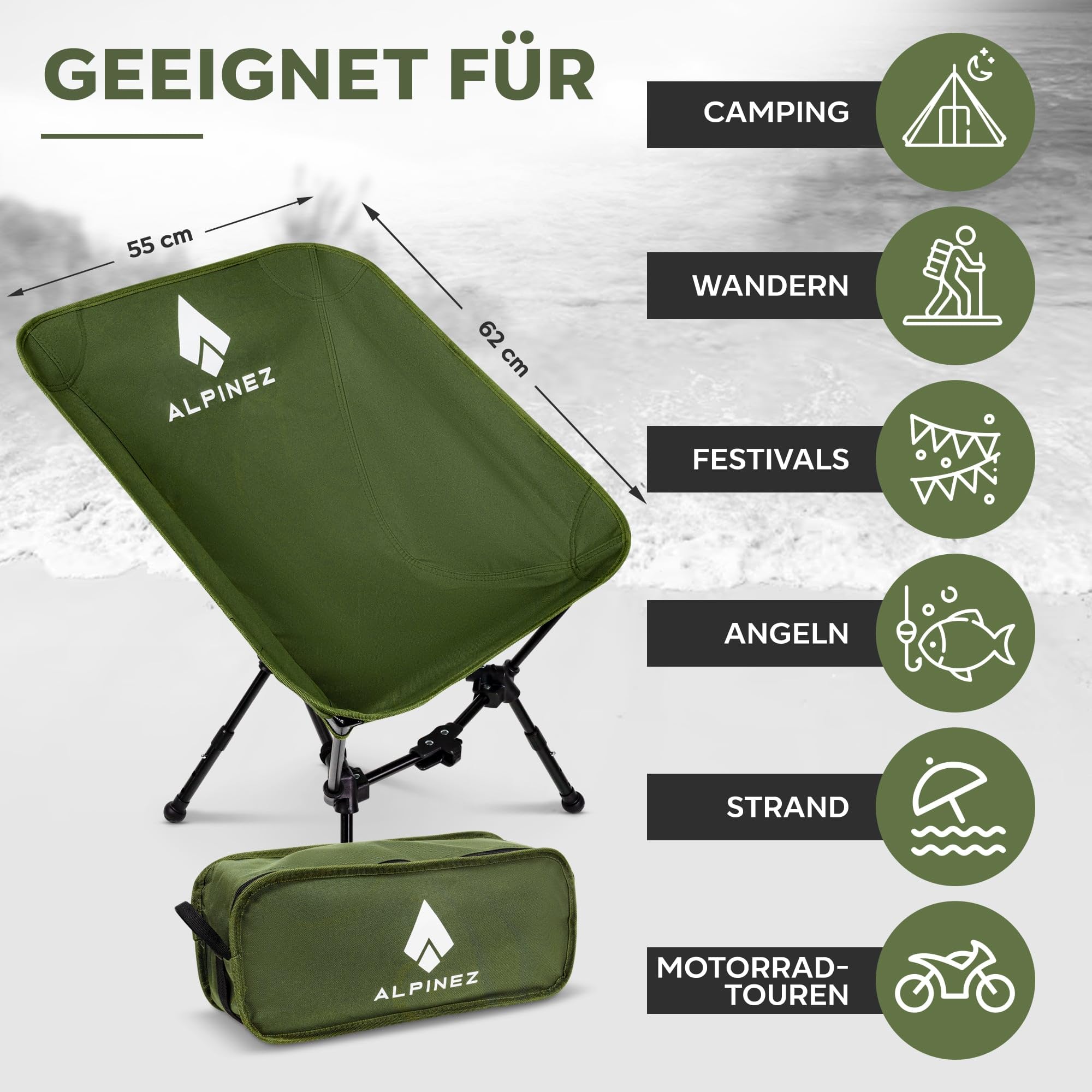Campingstuhl faltbar leicht höhenverstellbar | TESTSIEGER 2026 | kleines packmaß Faltstuhl Camping Stuhl klappbar | Angelstuhl ultraleicht Campingstühle Strandstuhl