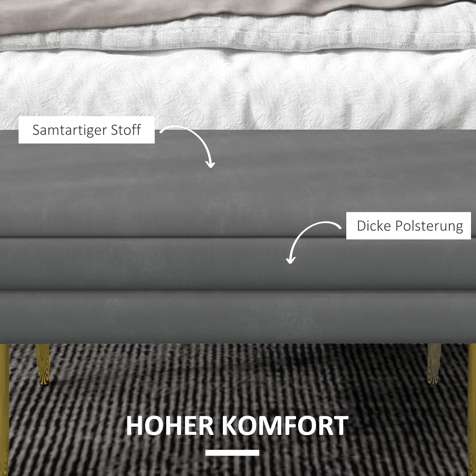 HOMCOM Sitzbank Polsterbank mit Stauraum Samtoptik 79,5x37,5x43cm Grau | Bettbank mit Stahlbeine, Schuhbank, Aufbewahrungsbank für Wohnzimmer, Schlafzimmer