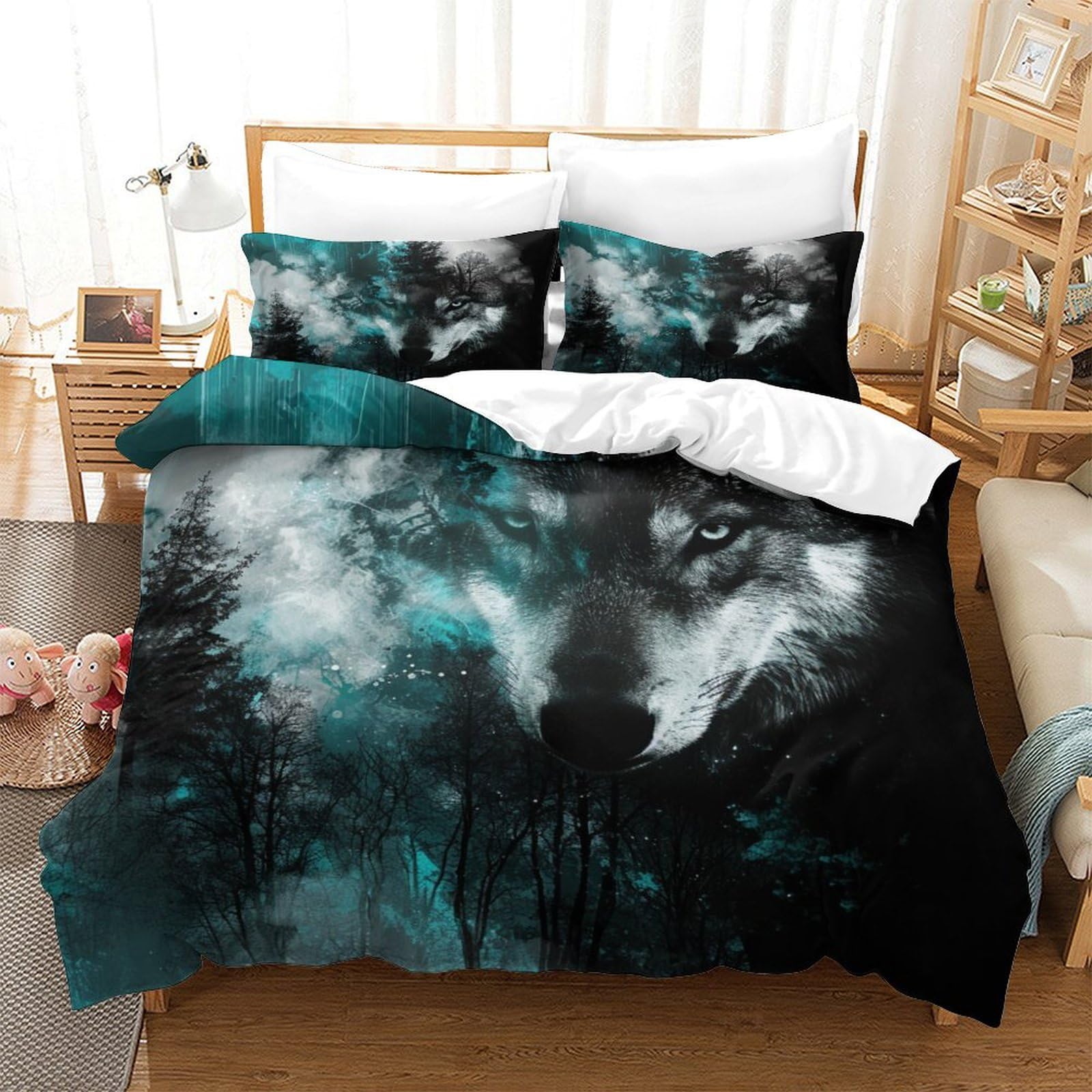 Housse de couette loup 260x240 avec taies en microfibre Super King