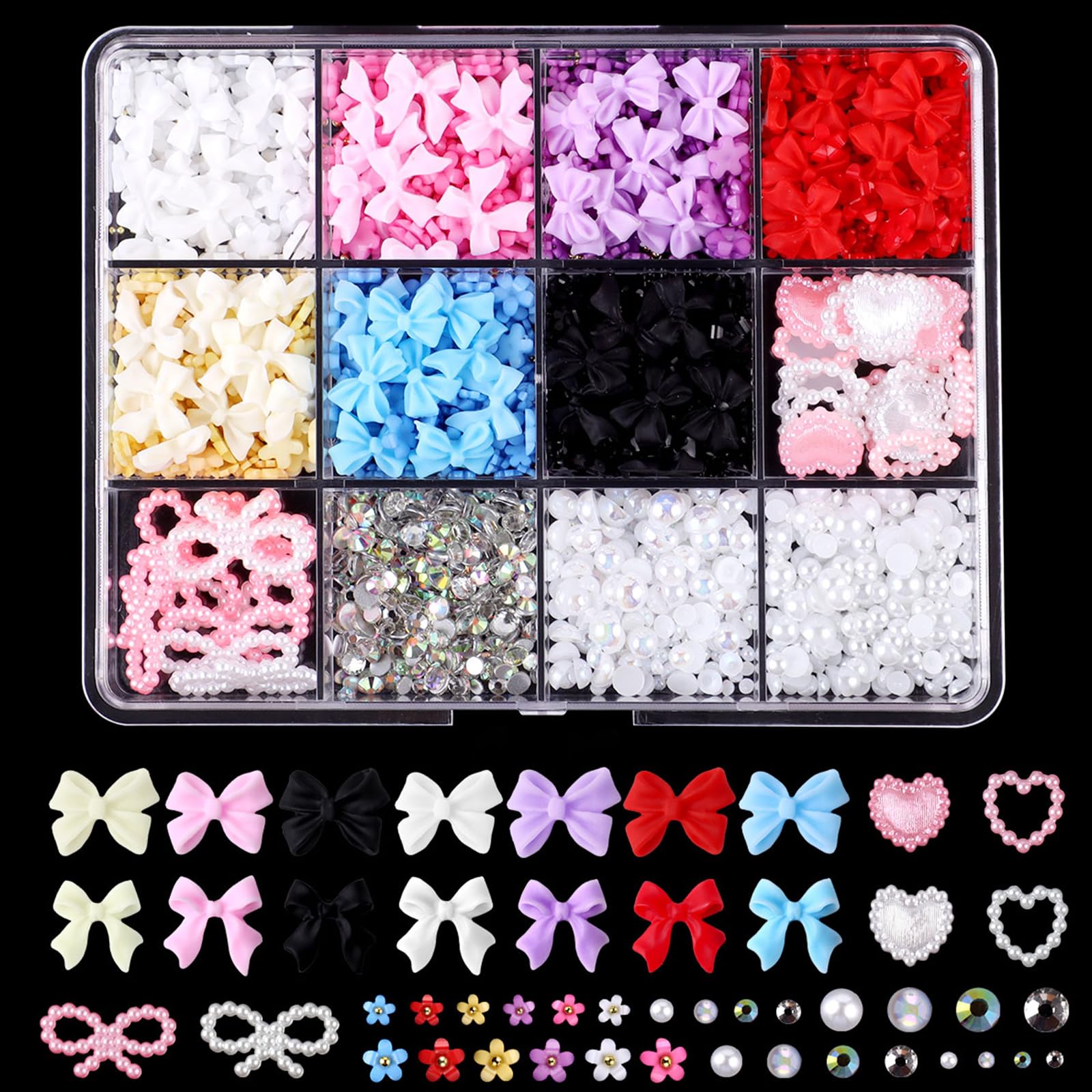 AMLAVIFISH 1000 Pcs 3D Nail Charms and Flatback Pearls Set 12-7 Colors Nail Bows, Flower Heart Jewels, AB Round Rhinestones, White Pearls for Nail Art