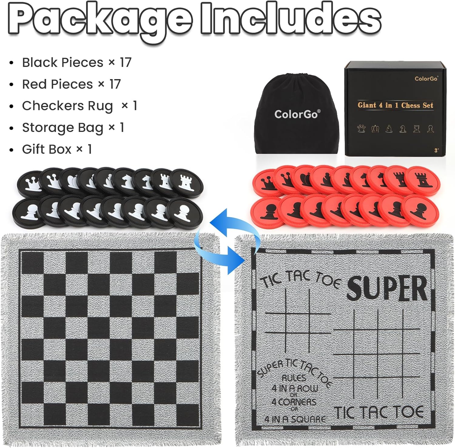 4 in 1 Vintage Giant Chess Game Set, Jumbo Checkers and Large Tic Tac Toe with Reversible Checker Board Game Mat & 34 Chess Pieces, Indoor Outdoor Board Game for Family, Camping, Yard, Lawn