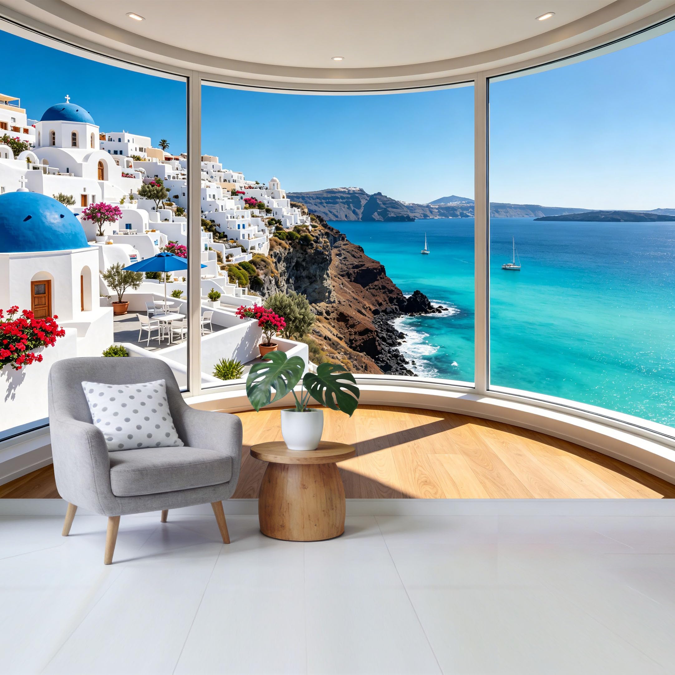 Removable Self Adhesive Fabric Mural， Mediterranean Coastal Landscape Custom Size Wall Covering， UV Protected Waterproof Washable Wall Decor for Living Room Bedroom Bathroom
