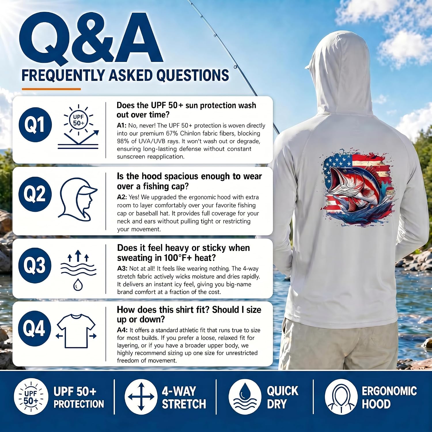 Riverruns Fishing Hoodie for Men UPF 50+ Sun Hoodie Fishing Shirt with Hood Rash Guard Long Sleeve #1044