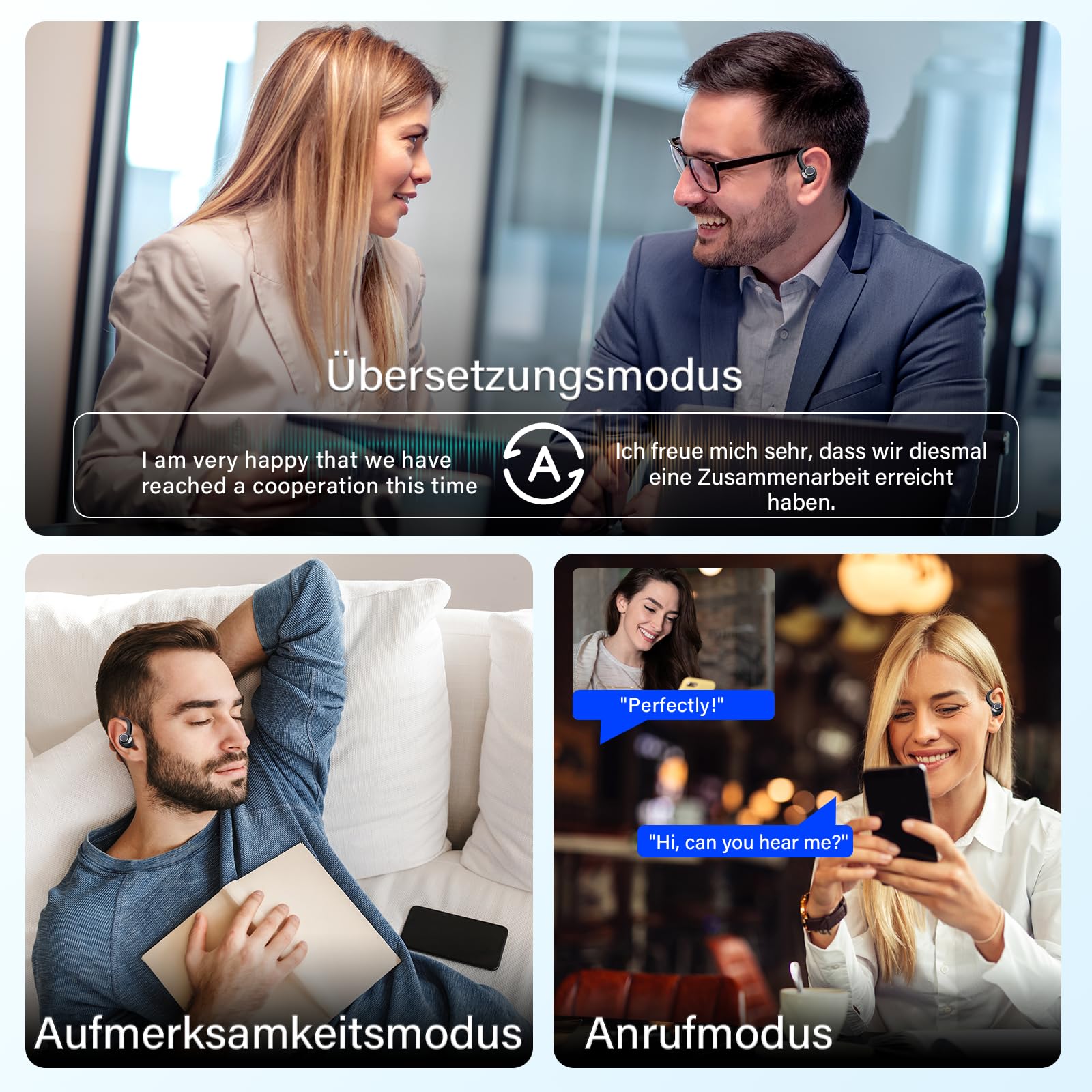 AI Kopfhörer Übersetzer, 3-in-1 Bluetooth 5.4 Echtzeit Sprachübersetzungs Kopfhörer, 164 Sprachen (mit App), 48Std Übersetzer Ohrhörer mit ENC Mic, 8 Übersetzungsmodi für Studium, Reisen, Business