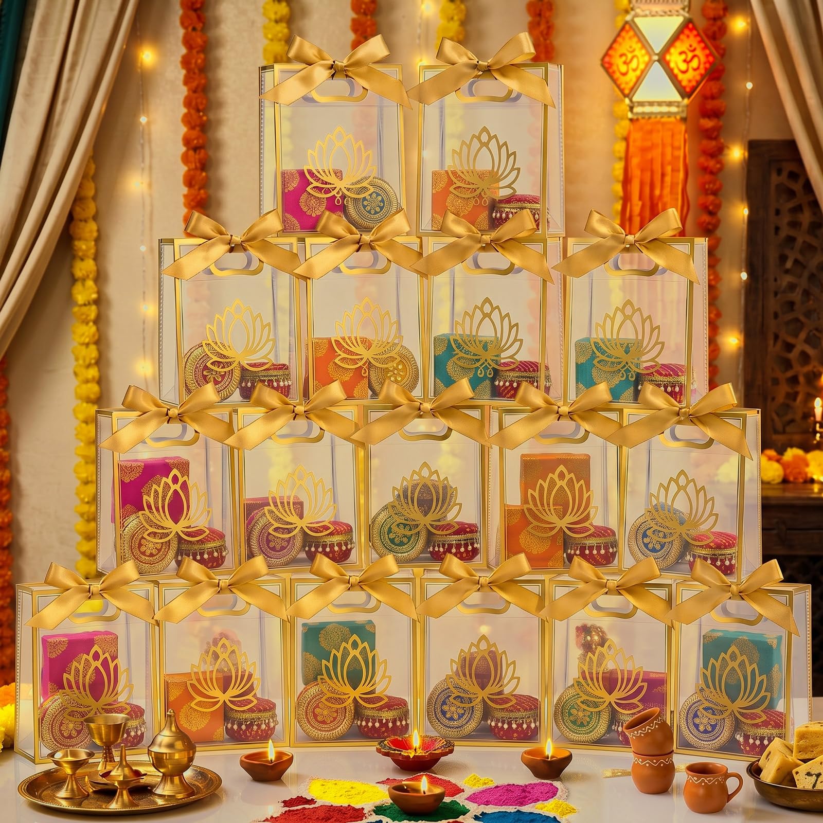 Bulyoou 24 Pcs Indian Return Plastic Gift Bags for Wedding Bulk 10 x 7 Inches Hindu Religious Pooja Wedding Party Favor Bags with Handle Small Diwali Pouch for Indian Pooja Housewarming (Lotus)
