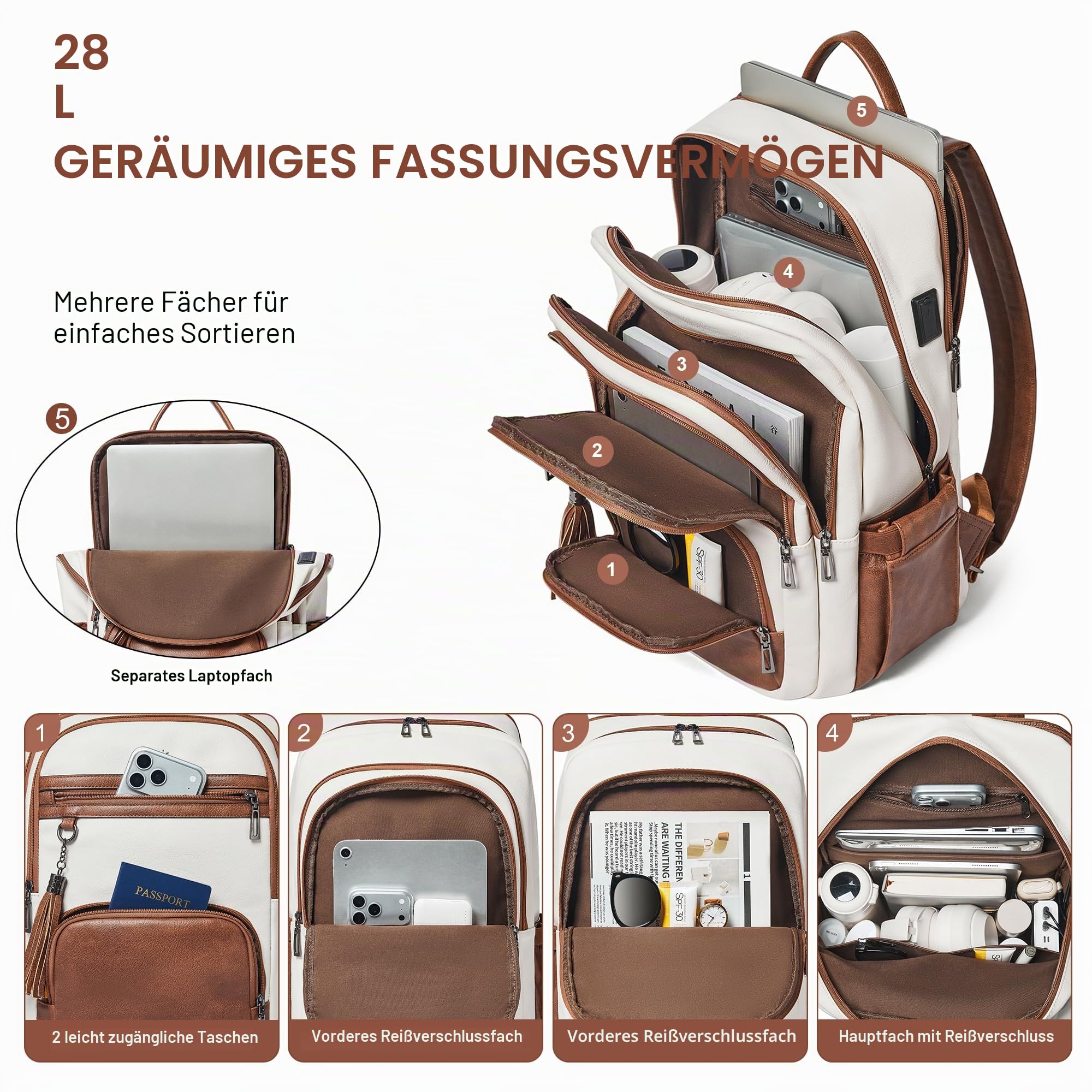Shrrie 17 Zoll Laptop Rucksack für Frauen, Vegan Leder Rucksack Tasche, 28L Arbeit Business College Reise Computer Rucksäcke mit Tasche Tasche für große Kapazität Tasse & USB-Ladegerät