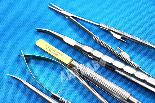 Miniatura 2 de Juego de 5 agujas de cirugía de acero inoxidable alemán CASTROVIEJO para microcirugía curvadas rectas y tensoras de corte marca ciclada