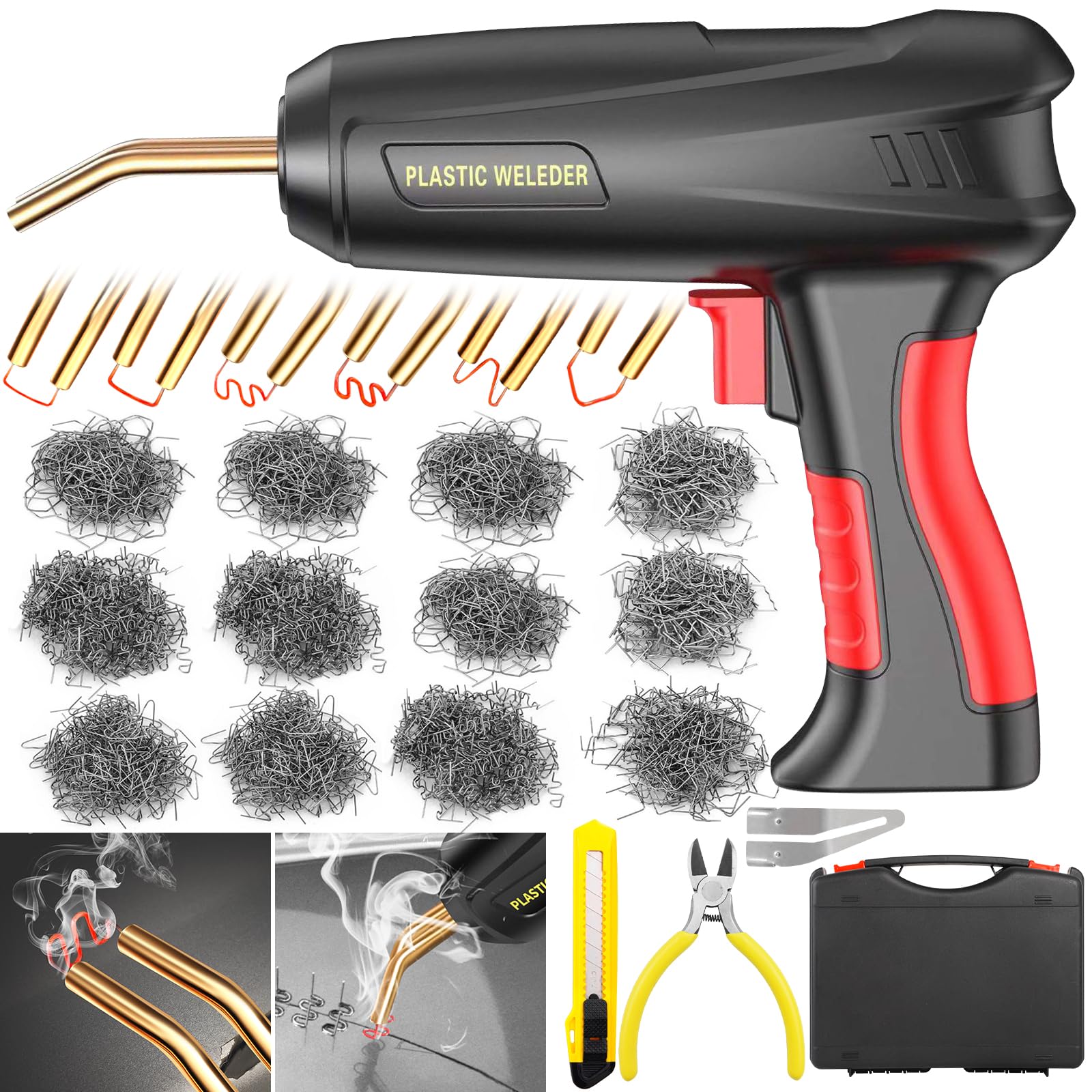 200W Soudage plastique, 2 en 1 Kit Reparation Souder Plastique, Réparation de Pistolet de Soudeur, Pistolet a Colle avec 1000Pcs 6-Types Agrafeuse Chaud, soudeuse pour Réparer Pare-Chocs Auto