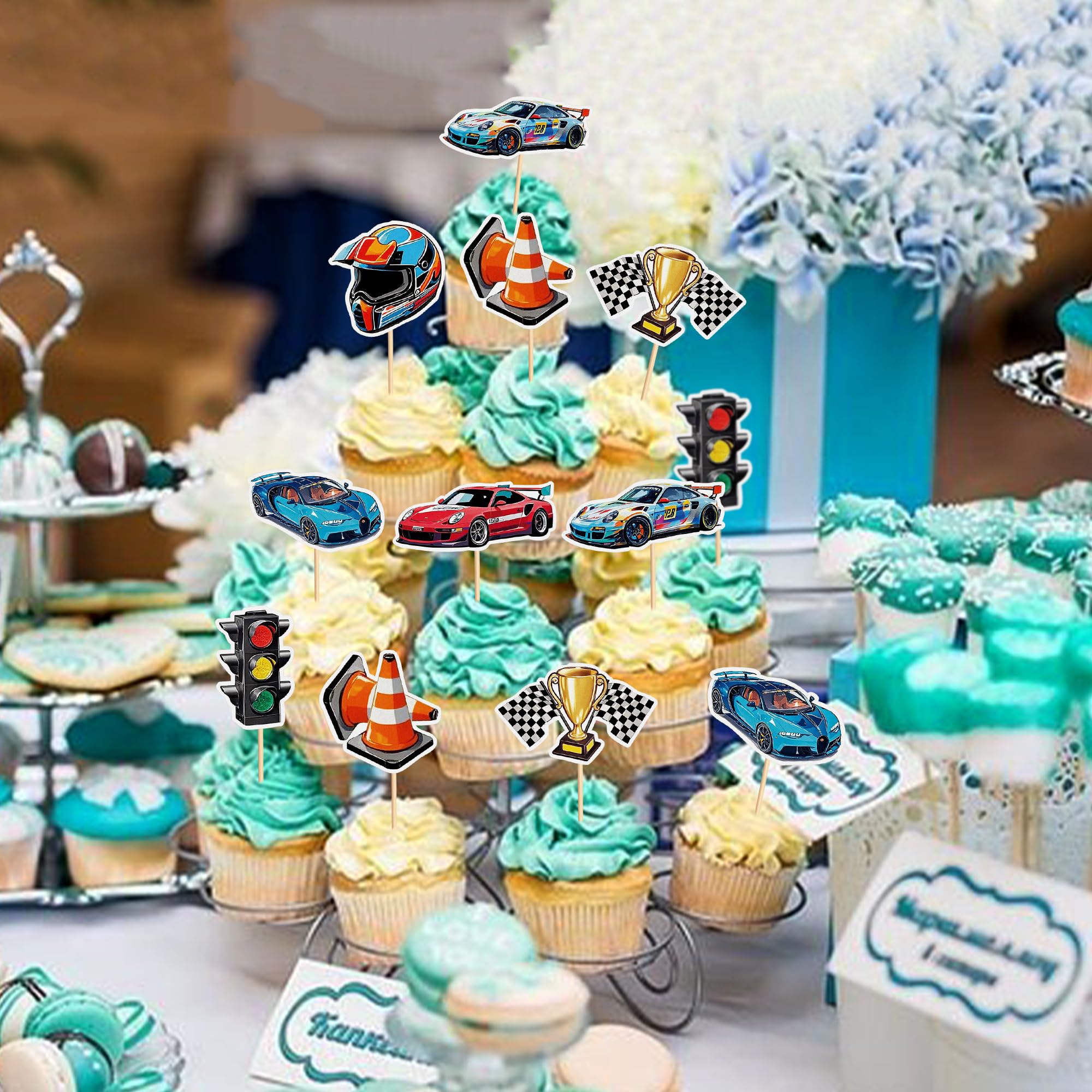Cyodoos 35PCS Race Car Cupcake Toppers Sparkling Trophy Flag Racing Cake Selected Racing Theme, Car Theme Party Supplies Baby Shower Boy Birthday Party Cake Decoration Supplie