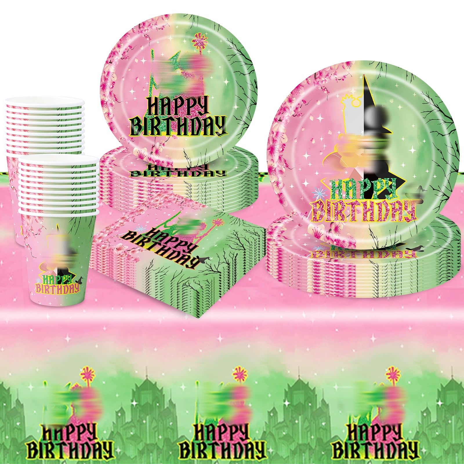 81Pcs Witch Birthday Decorations, Pink & Green Party Decorations Kids' Party Tableware Set, Movie Theme Birthday Party Plates Cups and Napkins Tablecloth 20 Guests