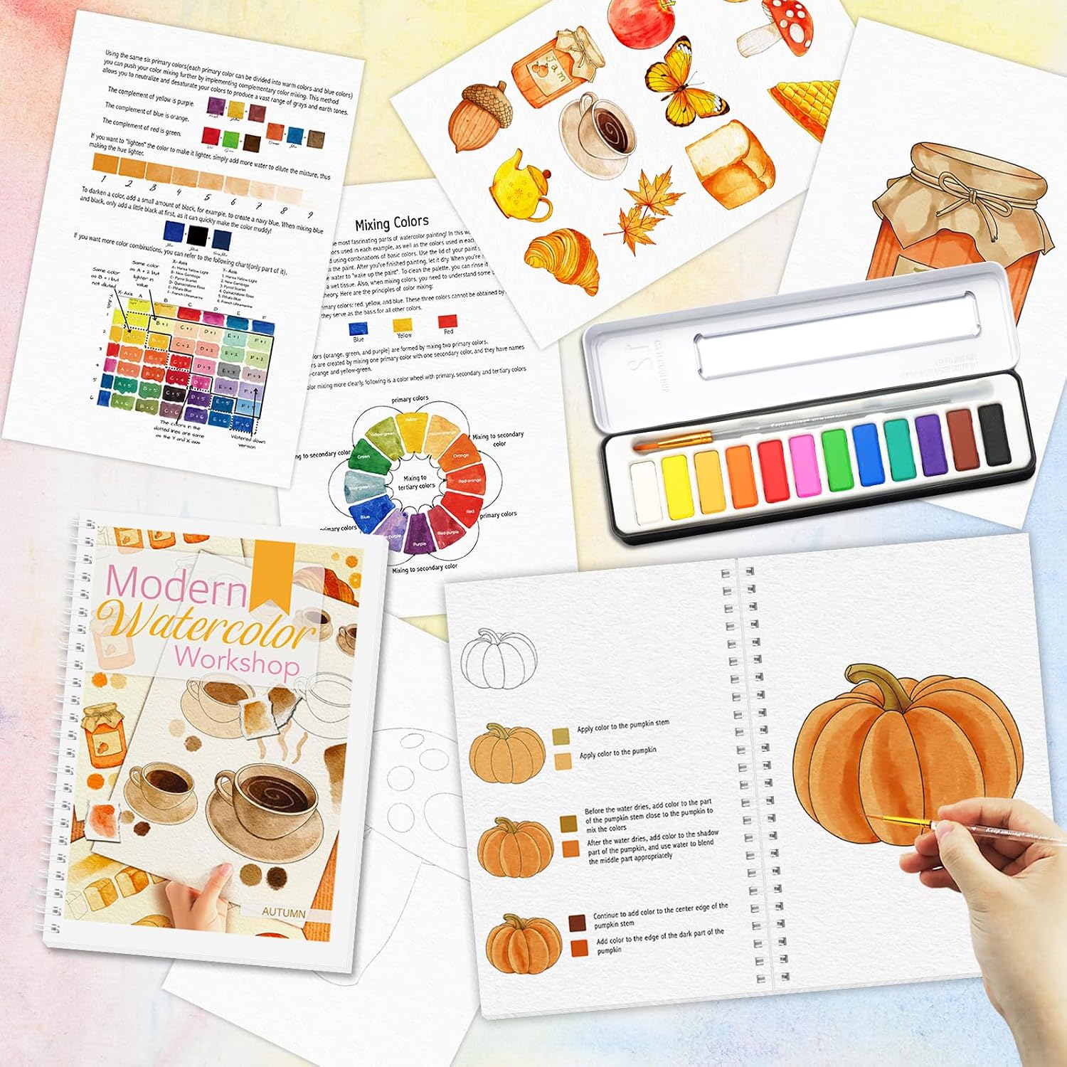 2Pcs Watercolor Workbook Beginner-Friendly Watercolor Workbooks Water Coloring Book with 12 Colors Paint Color, Beginner Watercolor Painting Kit with Step by Step for Adults Watercolor Paper