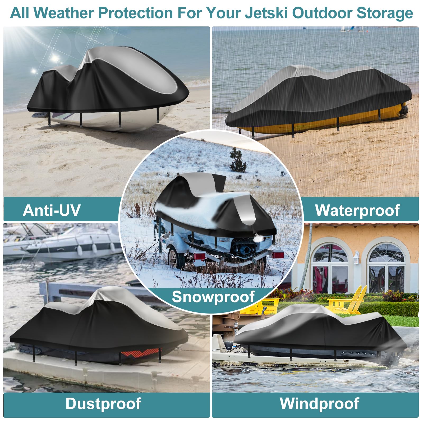 Jetski, telo di copertura impermeabile, 420D, rivestimento in nanosilber, resistente ai raggi UV, accessorio universale Jetski con 2 aperture di ventilazione, strisce impermeabili (argento nero, XXL