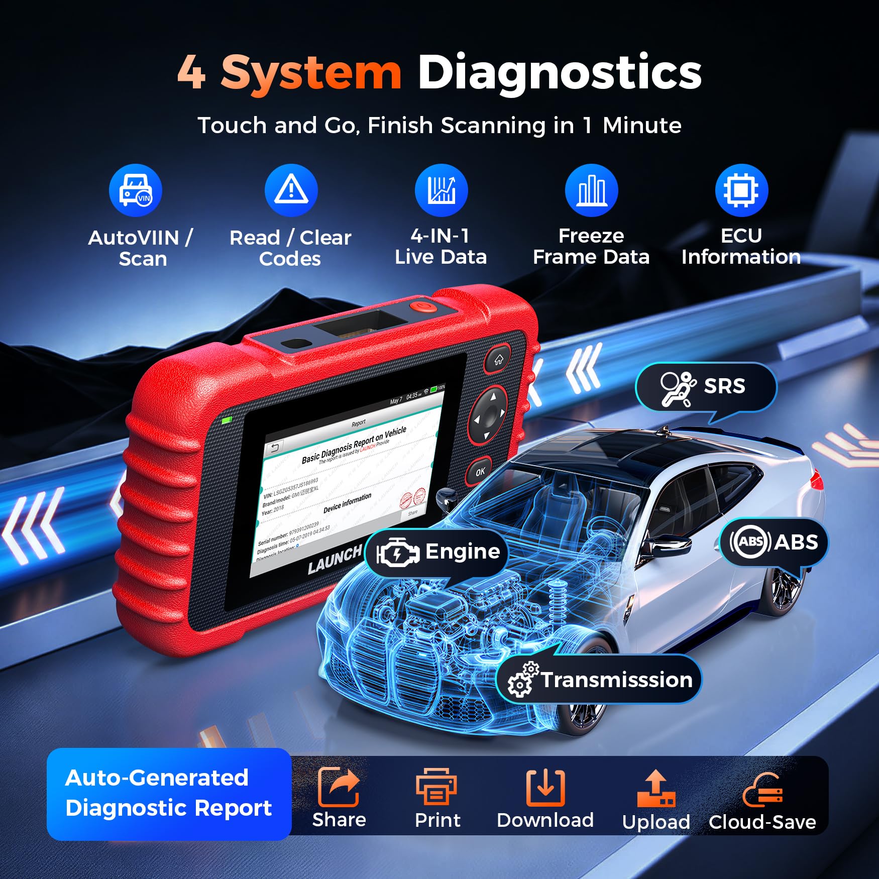 LAUNCH Globel CRP123X V2.0 obd2 Diagnosegerät KFZ-Codeleser für die ABS SRS Motor und Getriebe, 7 Rückstellfunktion, 10 OBD2-Funktionen, AUTOVIN, Lebenslanges kostenloses Update