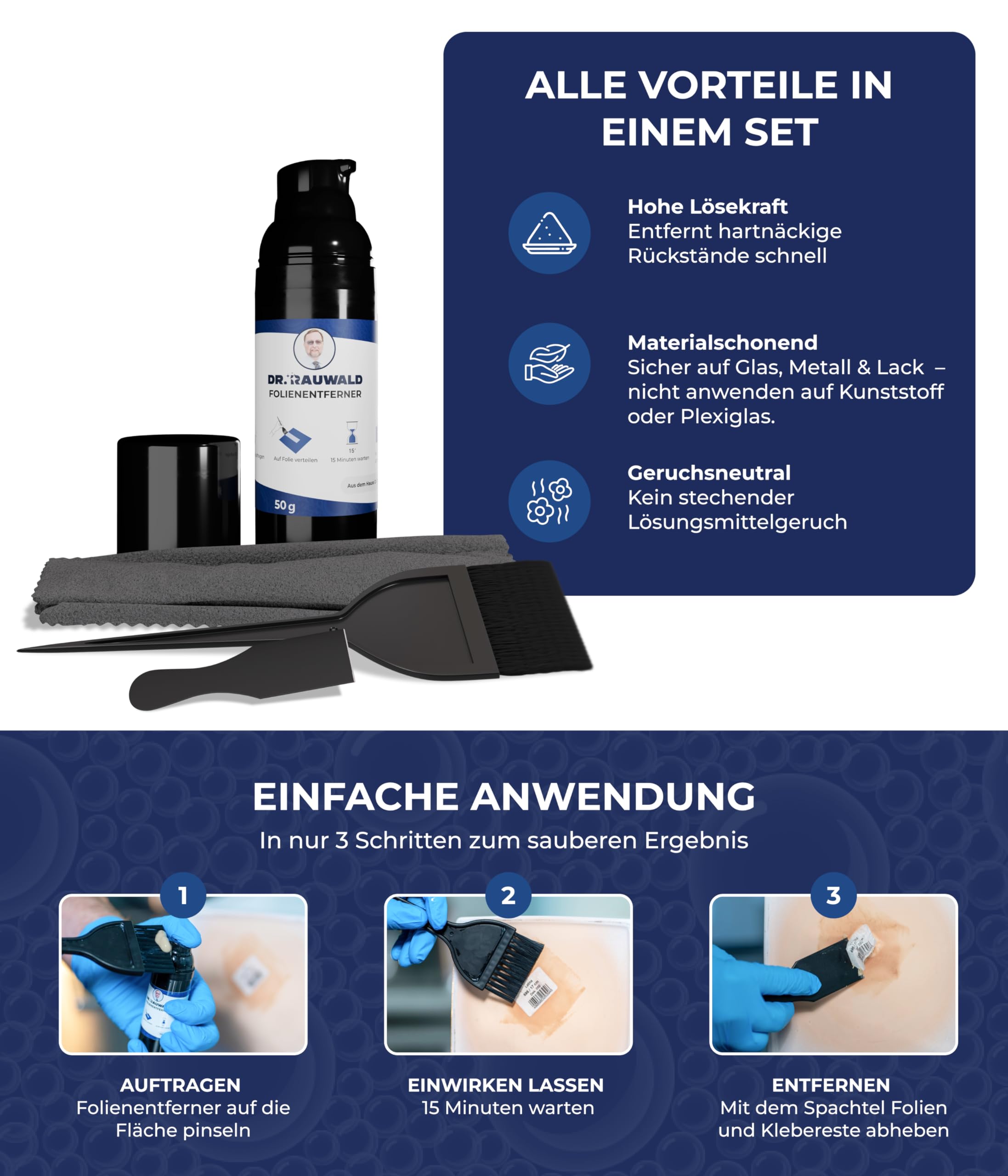 Dr. Rauwald Folienentferner Auto 4-TLG. Set für Aufkleber & Vignetten | Inkl. Rakel, Pinsel & Tuch. Lackschonend (pH-neutral). Löst Tönungsfolie, Werbefolie & Klebereste in nur 15 Min.