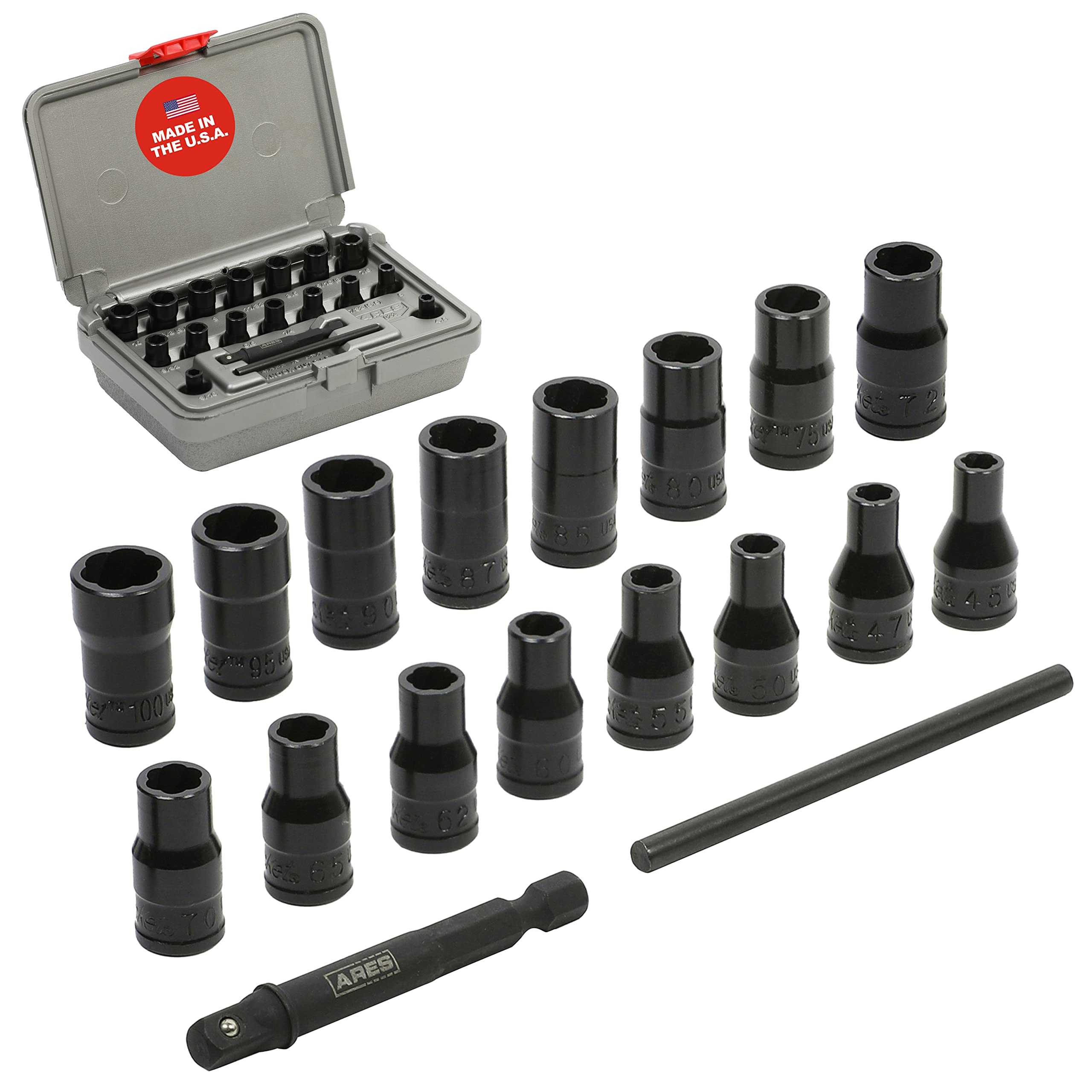 ARES29022 – 18-Piece Damaged Bolt Extractor Socket Set – 1/4-Inch Drive Sockets - SAE and Metric – Includes 16 Impact Grade Sockets – Turbo Socket – Made in USA