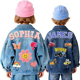 Personalized Kids Denim Jacket with Names, Custom Girls Jean Jacket Clothes, Spring & Fall Outerwear for Toddler Boy & Girl, Long Sleeve Birthday Christmas Gift for 1-14 Years Old