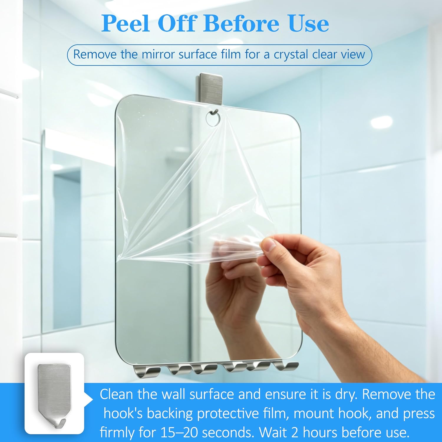 Large Shower Mirror Fogless for Shaving with 3 Razor Holders, Anti-Fog No-Drill Bathroom Wall Hanging, Fog Free Shatterproof Shave & Makeup Mirror (10”L x 8”W)
