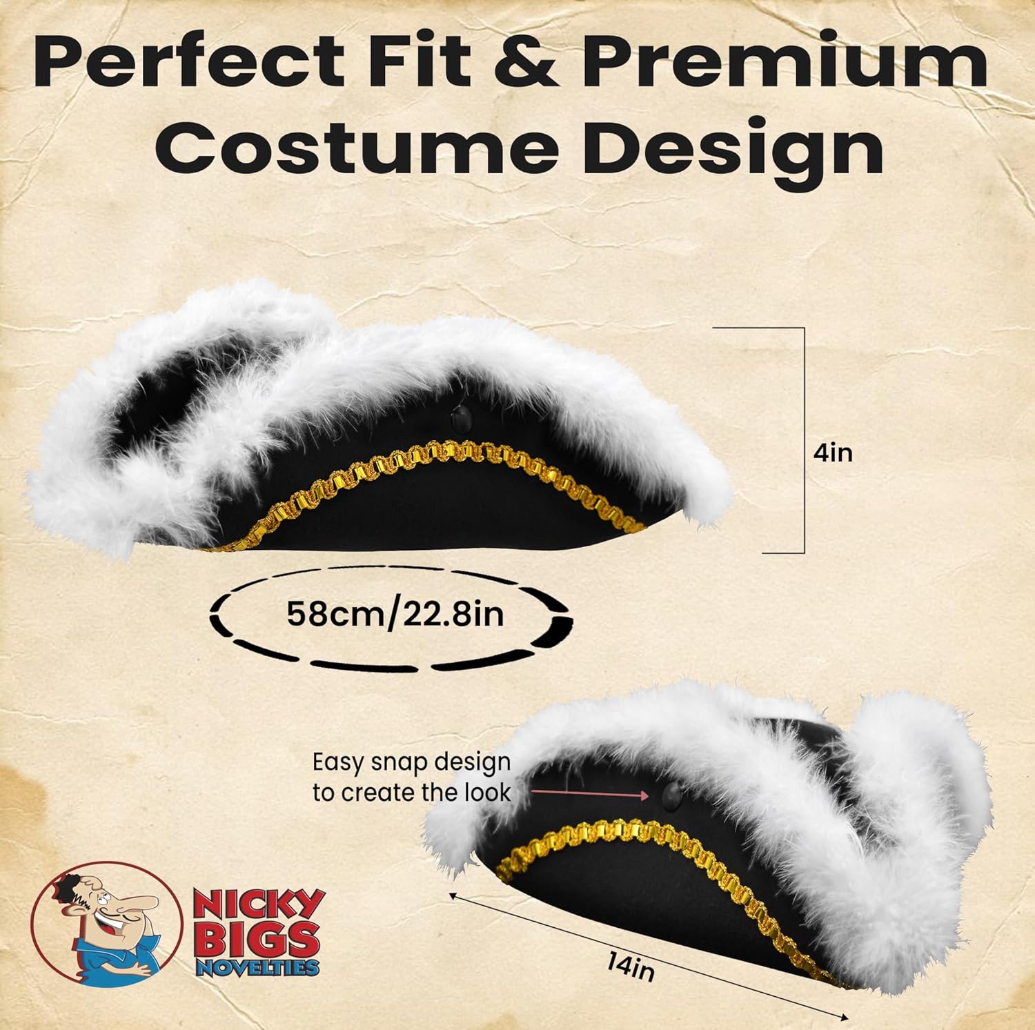 Nicky Bigs Novelties Black Pirate Hat For Women, Adult Colonial Three Cornered Cocked Tricorn Hat For Adults, Buccaneer Cap, Pirate Accessories Women with Gold Trim And Faux Feathers - Image 3