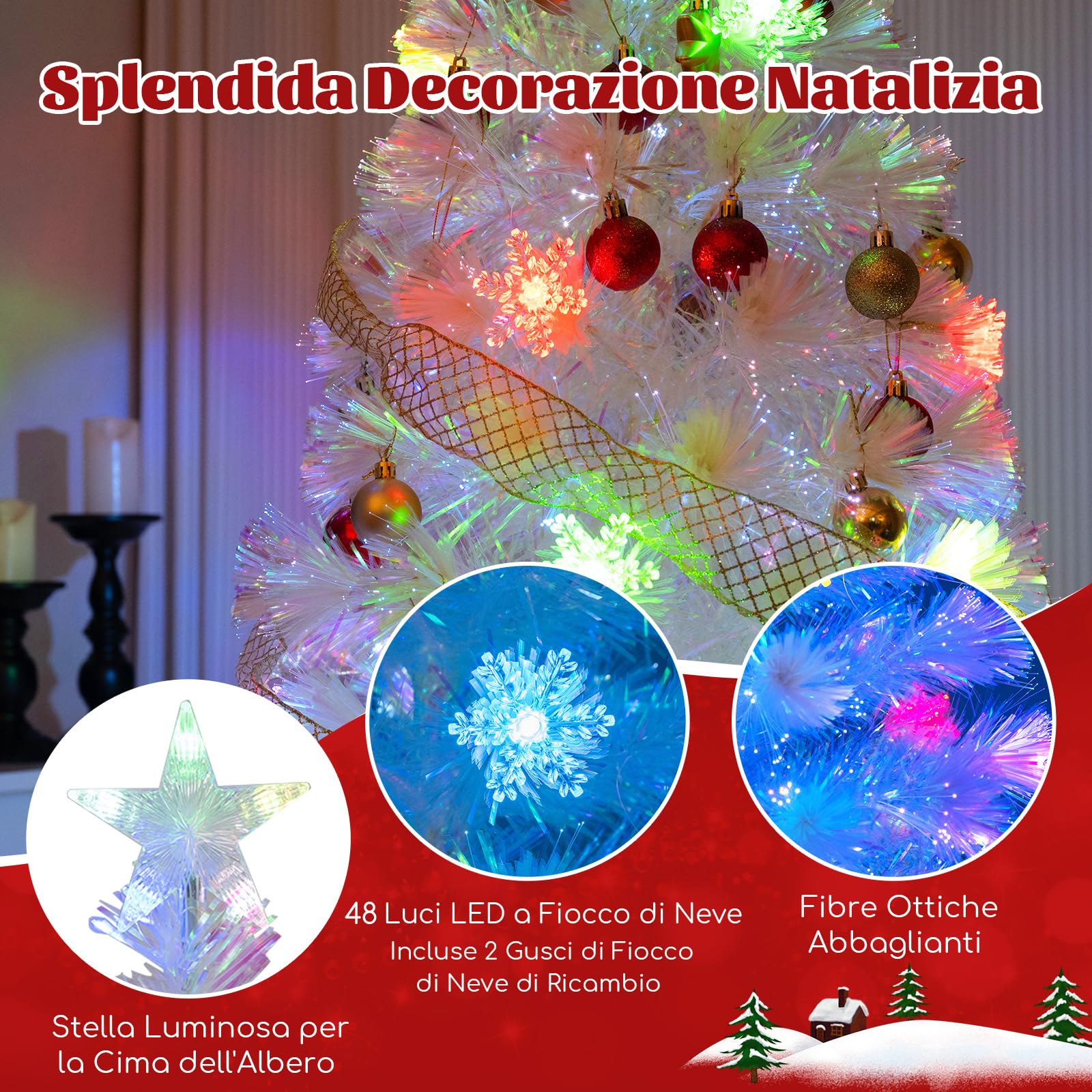 COSTWAY Albero di Natale Pre-illuminato in Fibra Ottica 120/150/180/210 cm, Albero di Natale Bianco con Foglie Iridescenti, Luci a LED a Fiocco di Neve Multicolore, Luce Superiore a Stella (210 CM)