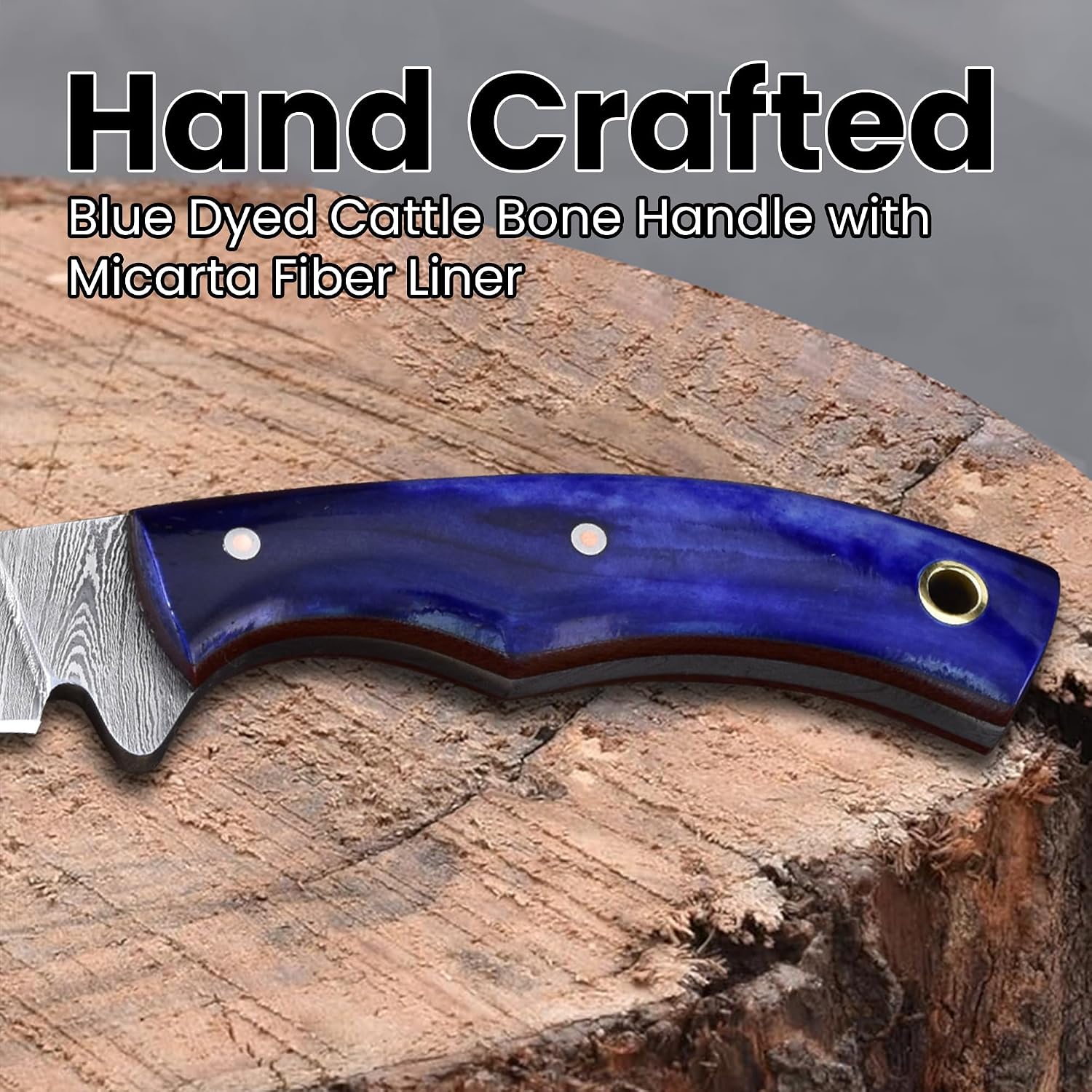 Knives Ranch Handmade Damascus Steel Full Tang TRIGGY COWBOY EDC Knife with Blue Cattle Bone Handle - Cross-draw Sheath (3185-BLU)