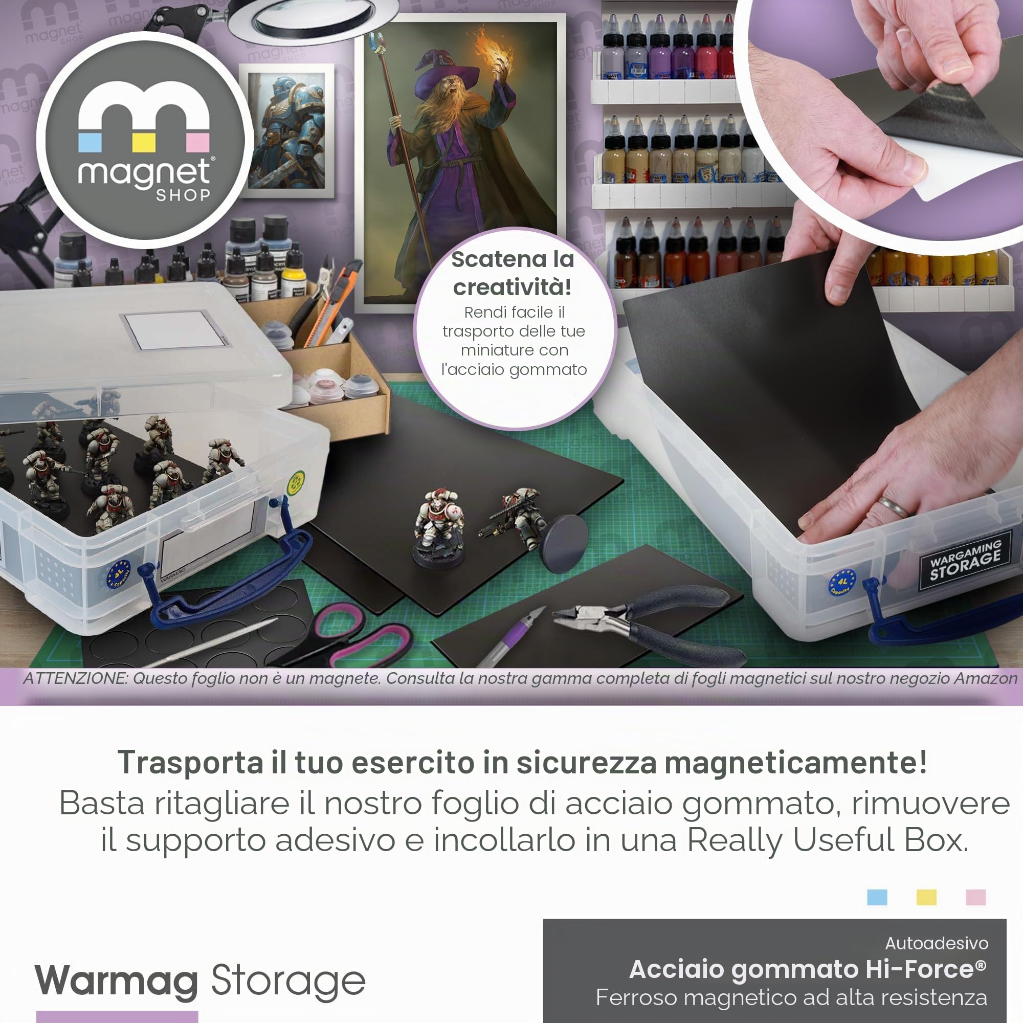WarMag Forte Fogli di acciaio in gomma A4 | confezione da 5 fogli di metallo morbidi (ferrosi) per wargames | vassoio portaoggetti per miniature [30 x 21 cm] spessore 0,7 mm