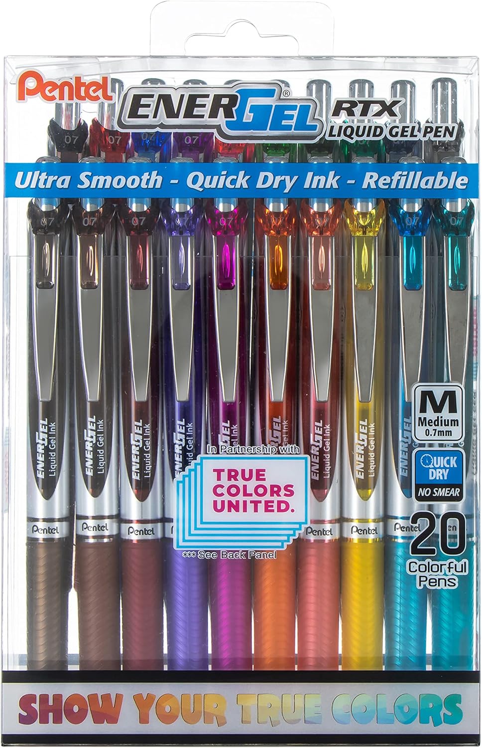 Pentel EnerGel RTX True Colors United 0.7mm Medium Line, 20 Assorted ink Colors, Pack of 20 pens BL77PC20MTCU
