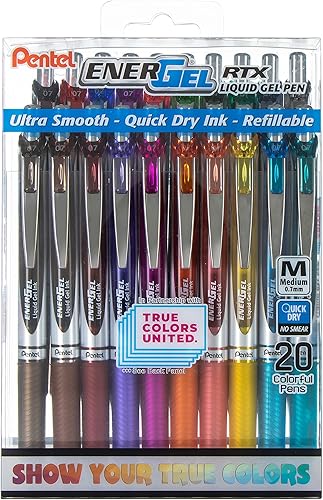 Pentel EnerGel RTX True Colors United (0.028in) línea media, tinta surtida, caja de 20 unidades (BL77PC20MTCU)