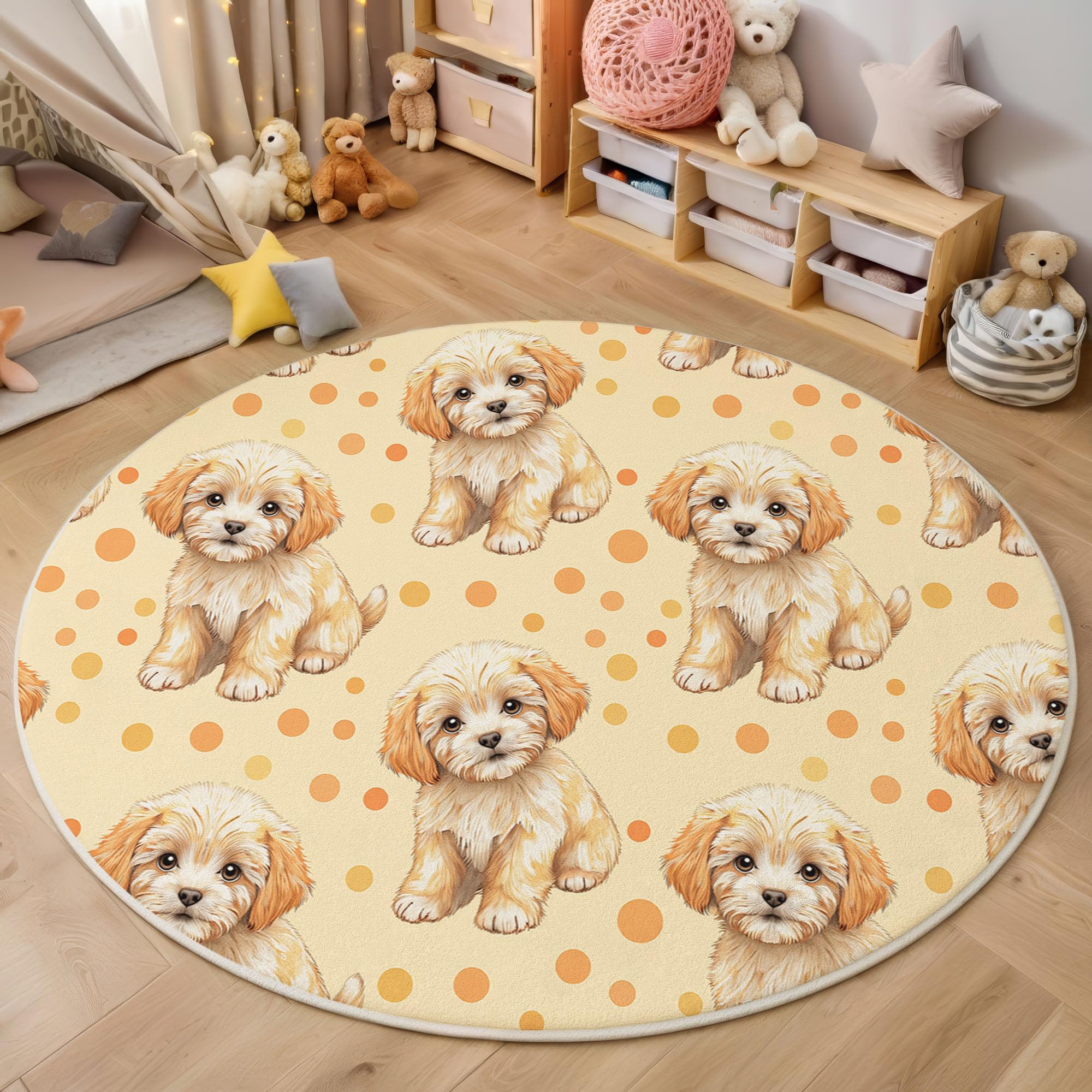 Tapis de salon rond beige 120cm motif mignon Kronfldog