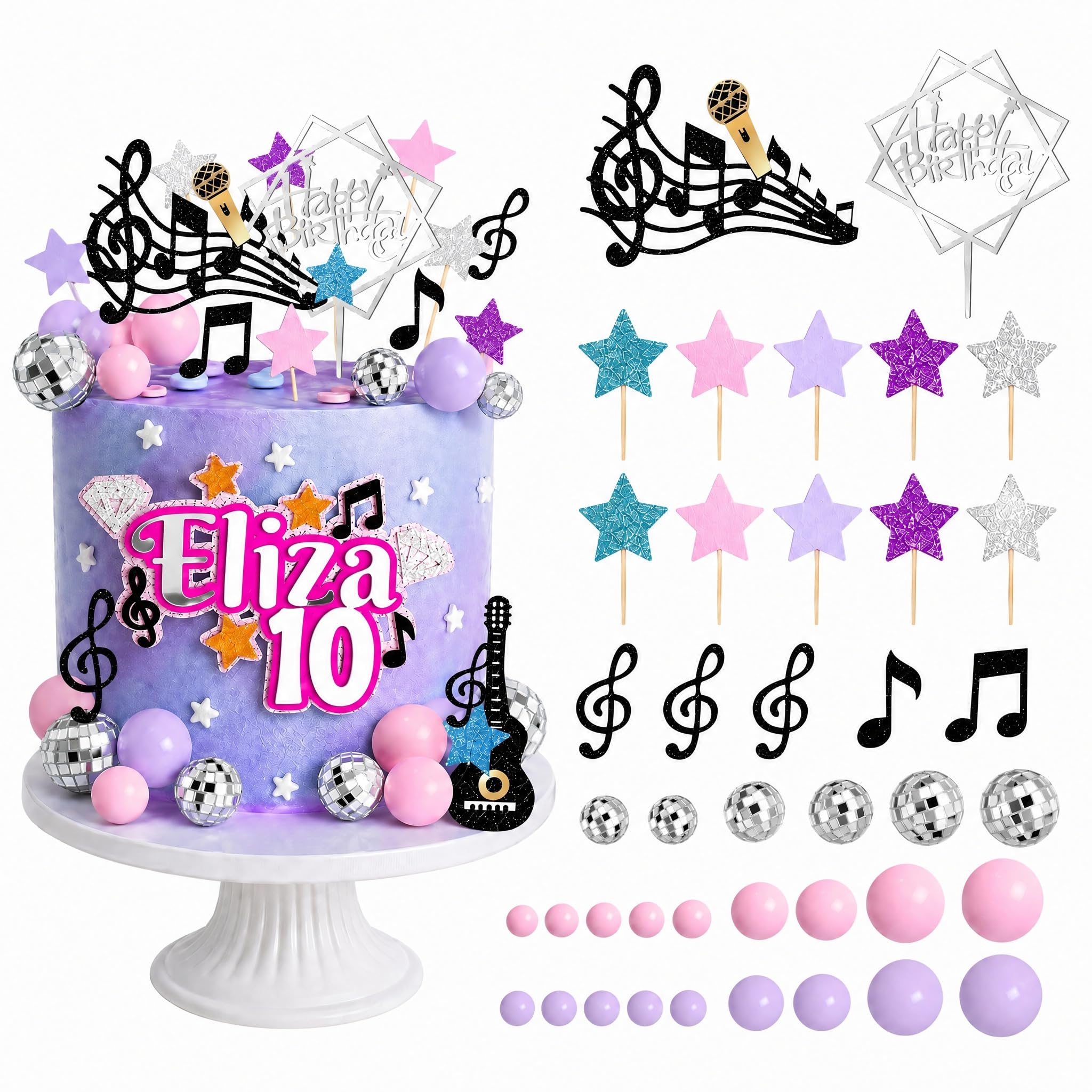 Disco Ball Cake Decorations, 41 Pcs Purple Cake Topper Decorations, Silver Ball, Purple Balls for 80s Cakes Decoration, for Birthday Party Decor